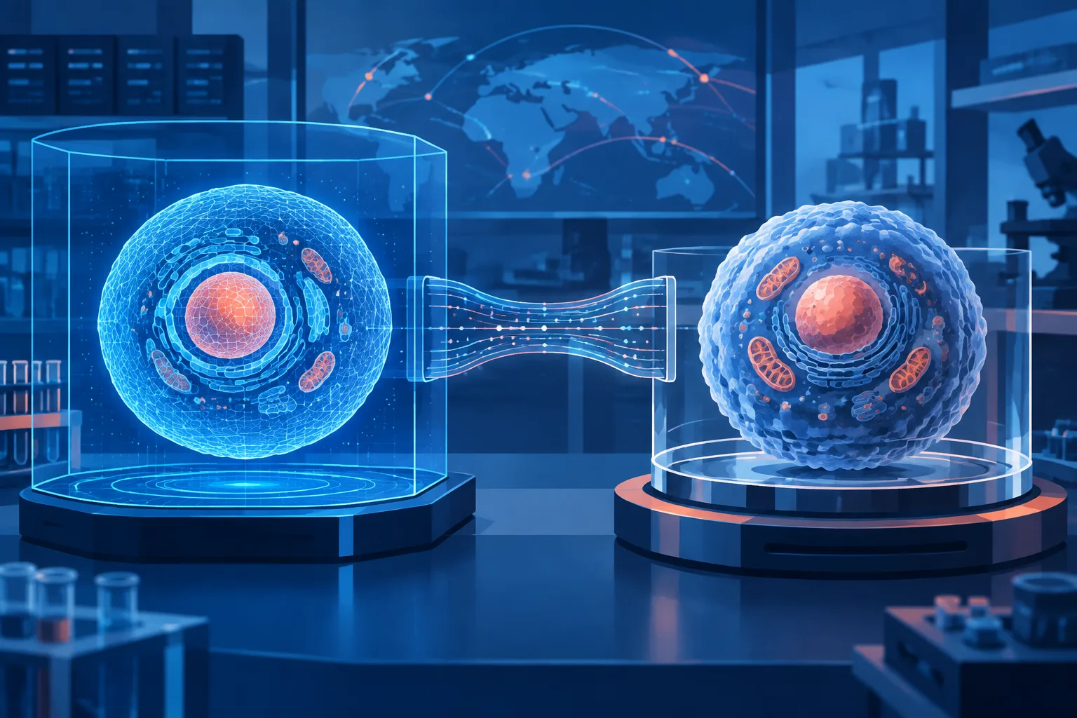 A simulated cell and a physical cell are connected through a validation process.