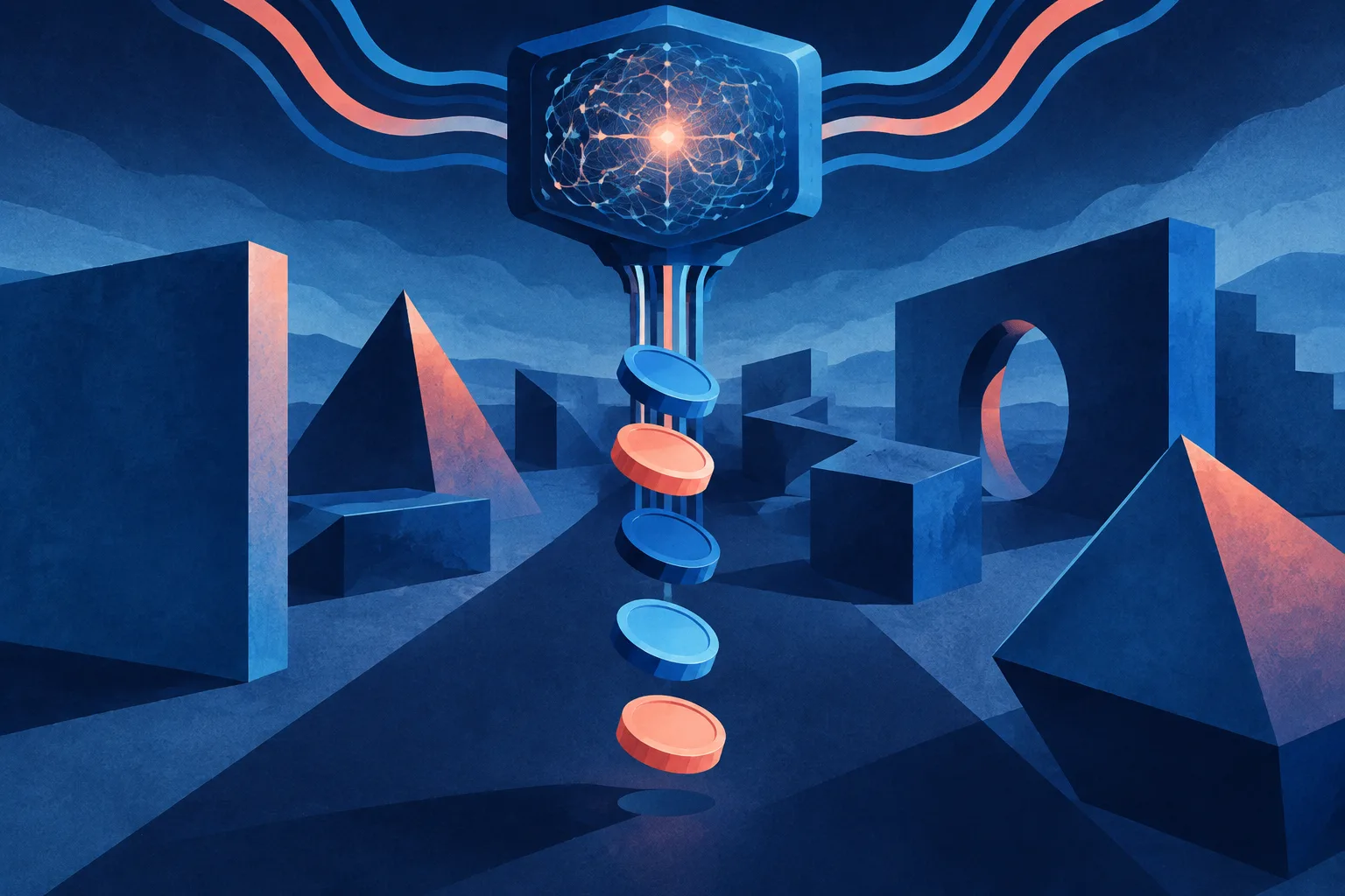 Abstract AI engine paired with falling price tokens and uncertain performance obstacles.