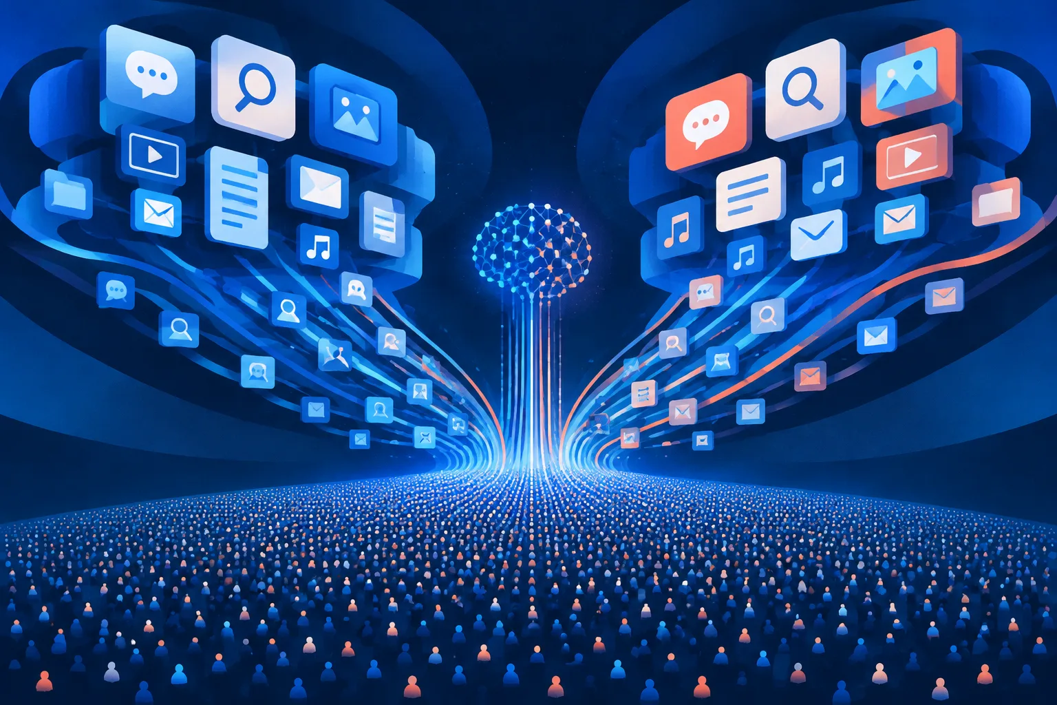 Large digital ecosystems distributing AI access to a vast field of anonymous users.