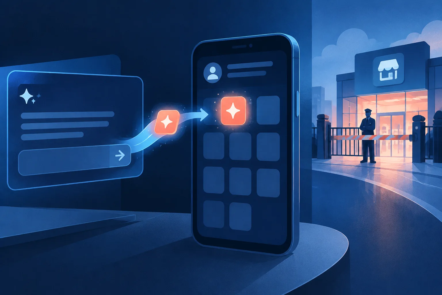 An AI-generated app tile enters a private mobile library while a guarded public store remains separate.