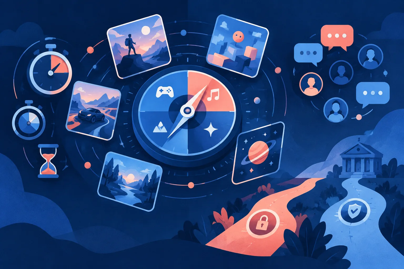 Game recommendations circle a preference compass alongside challenges and community features.
