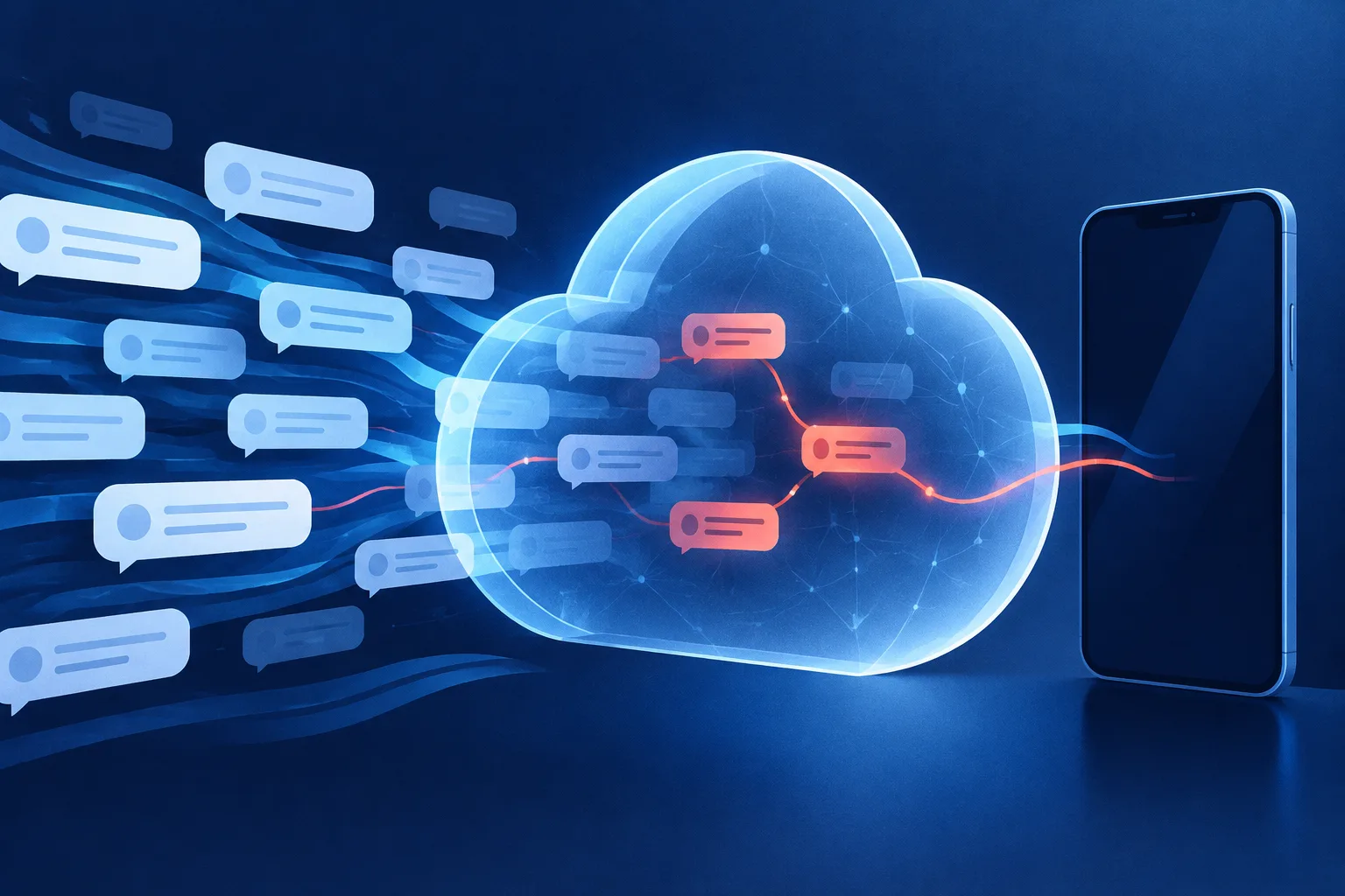 Ordinary message bubbles enter a cloud shield that reveals a hidden warning thread.