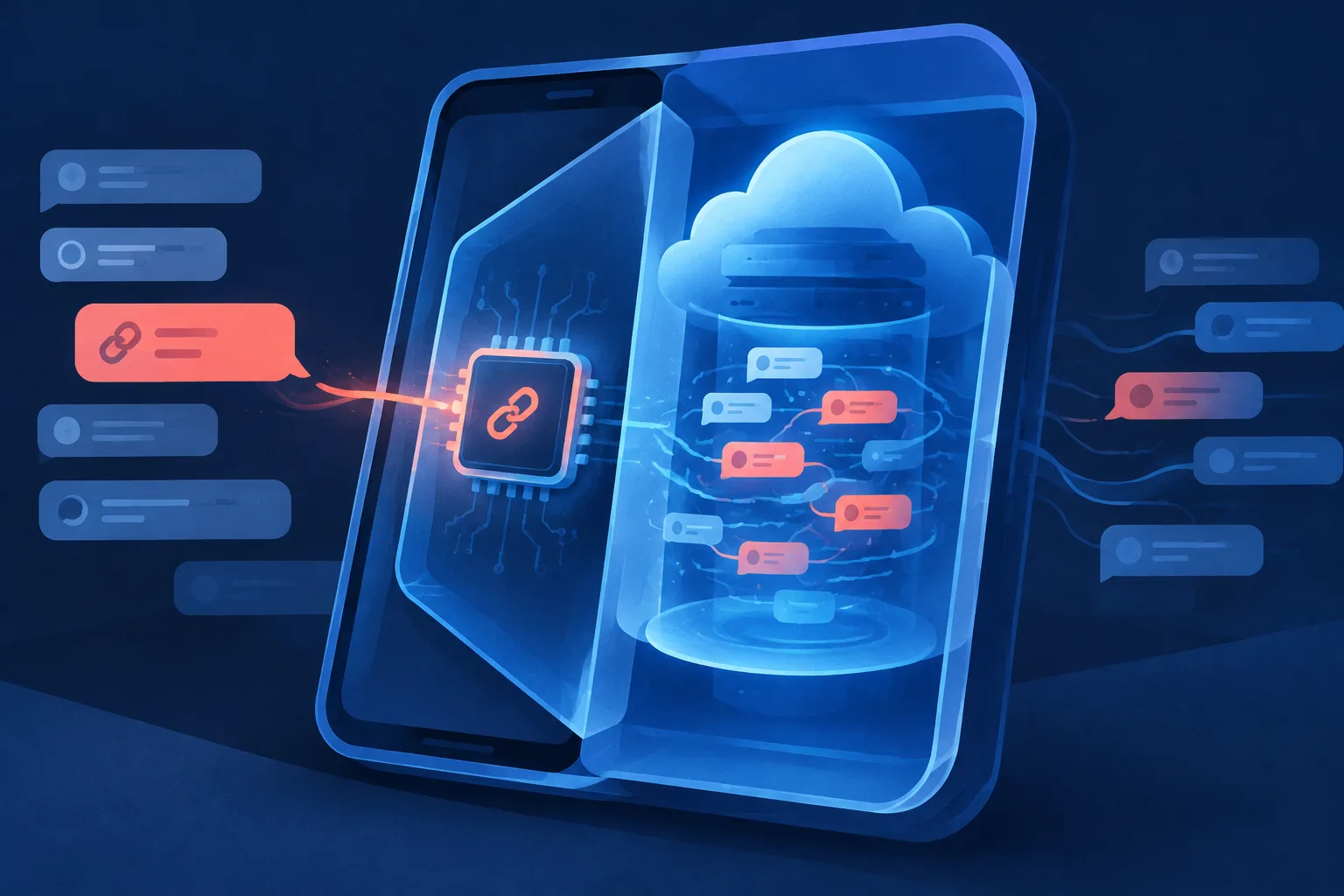 A phone uses an on-device chip and an encrypted cloud chamber to inspect potential threats.