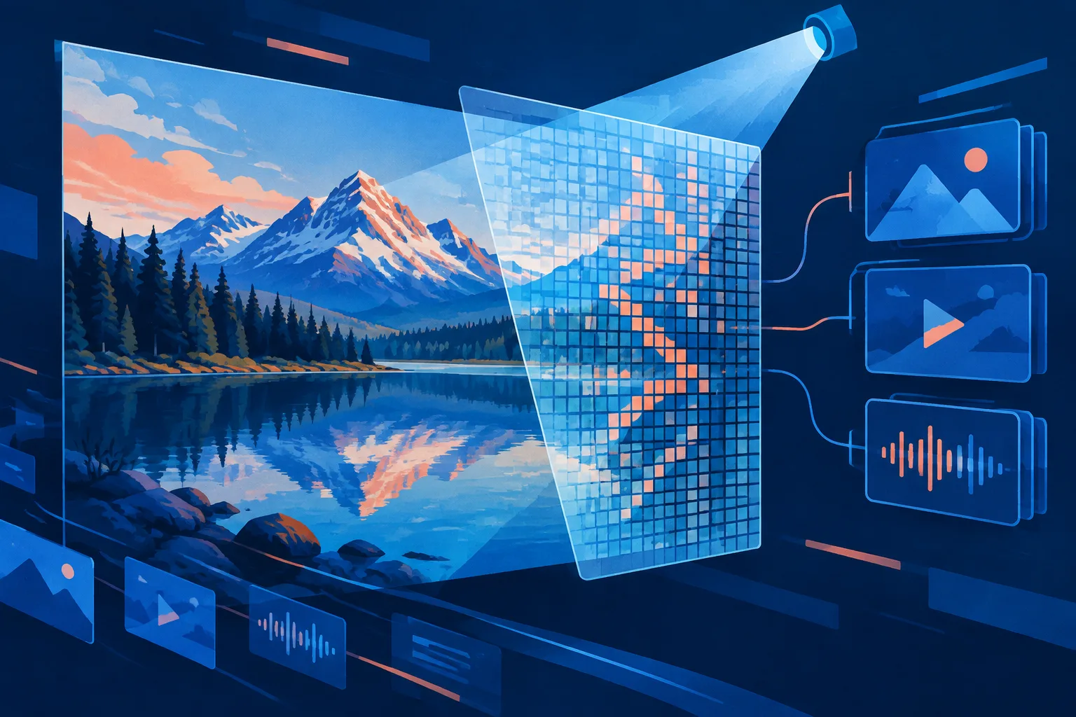 A scanning beam reveals a hidden geometric watermark inside a digital image.