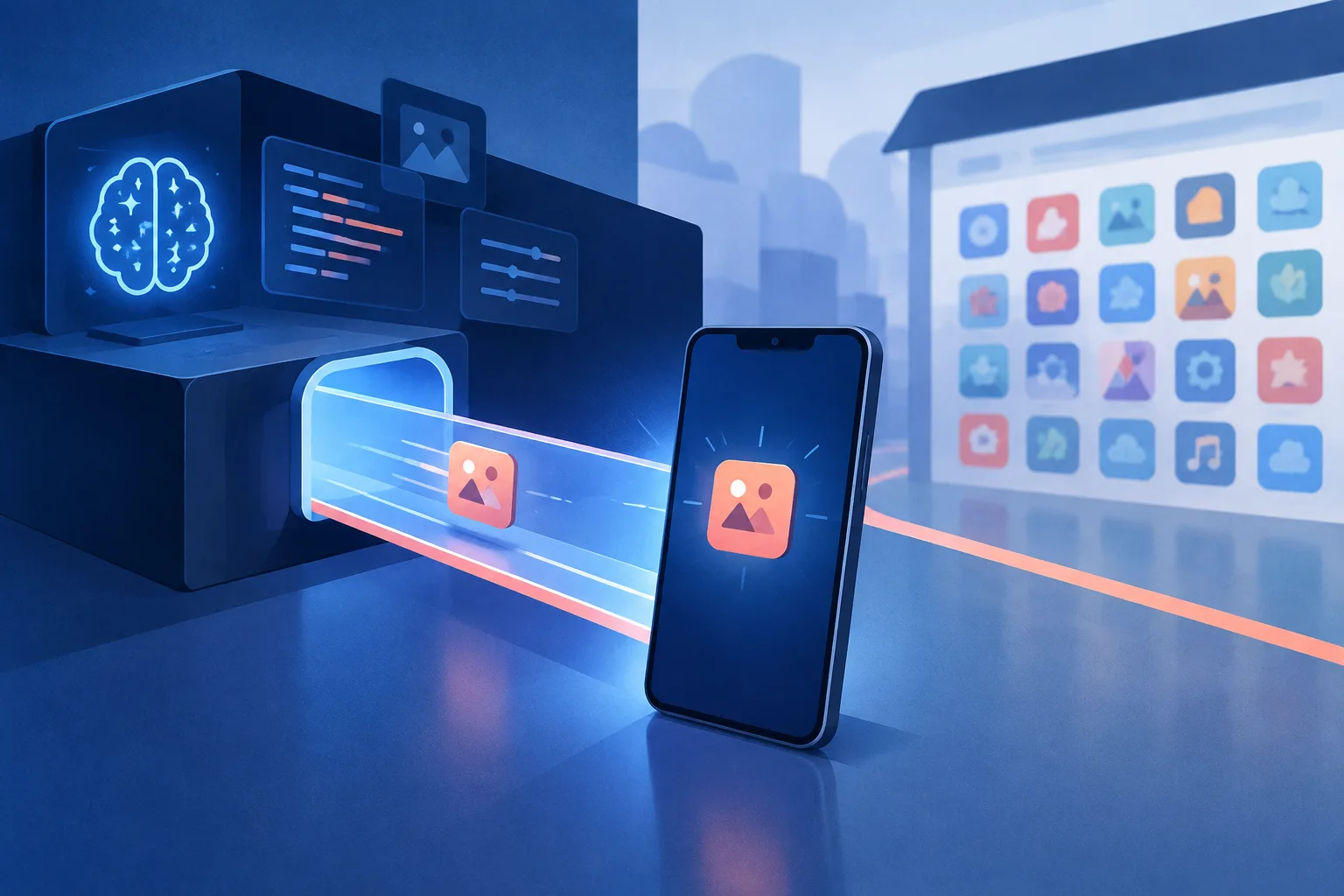 A custom AI-built app travels through a private lane to a smartphone.