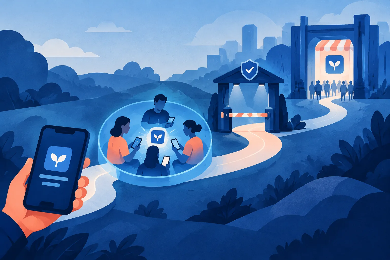 A private app follows a path from one phone to a group and a guarded public marketplace.