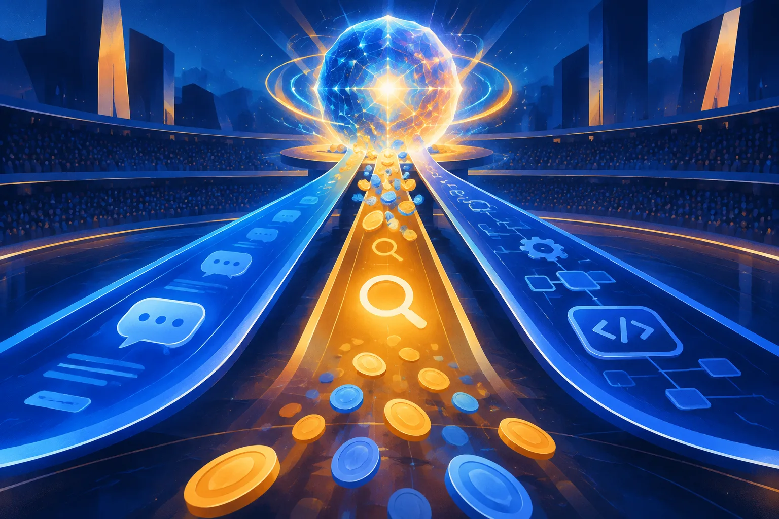 An AI model enters a competitive arena through chat, search and development pathways.