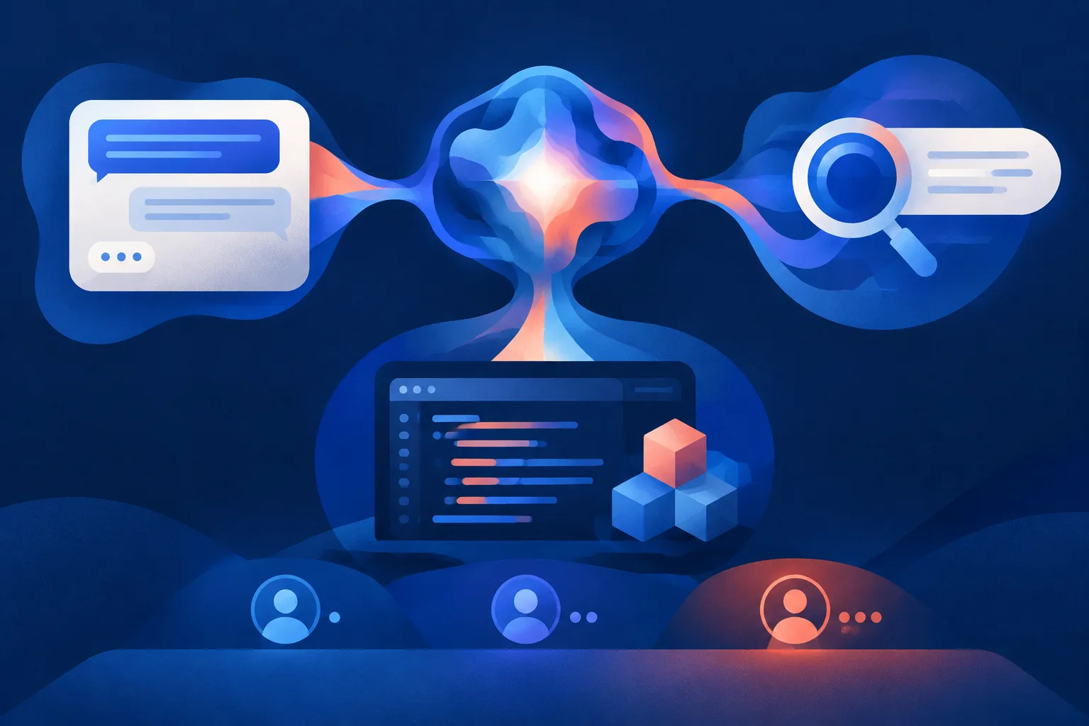 One AI engine branches into chat, search and software development environments.