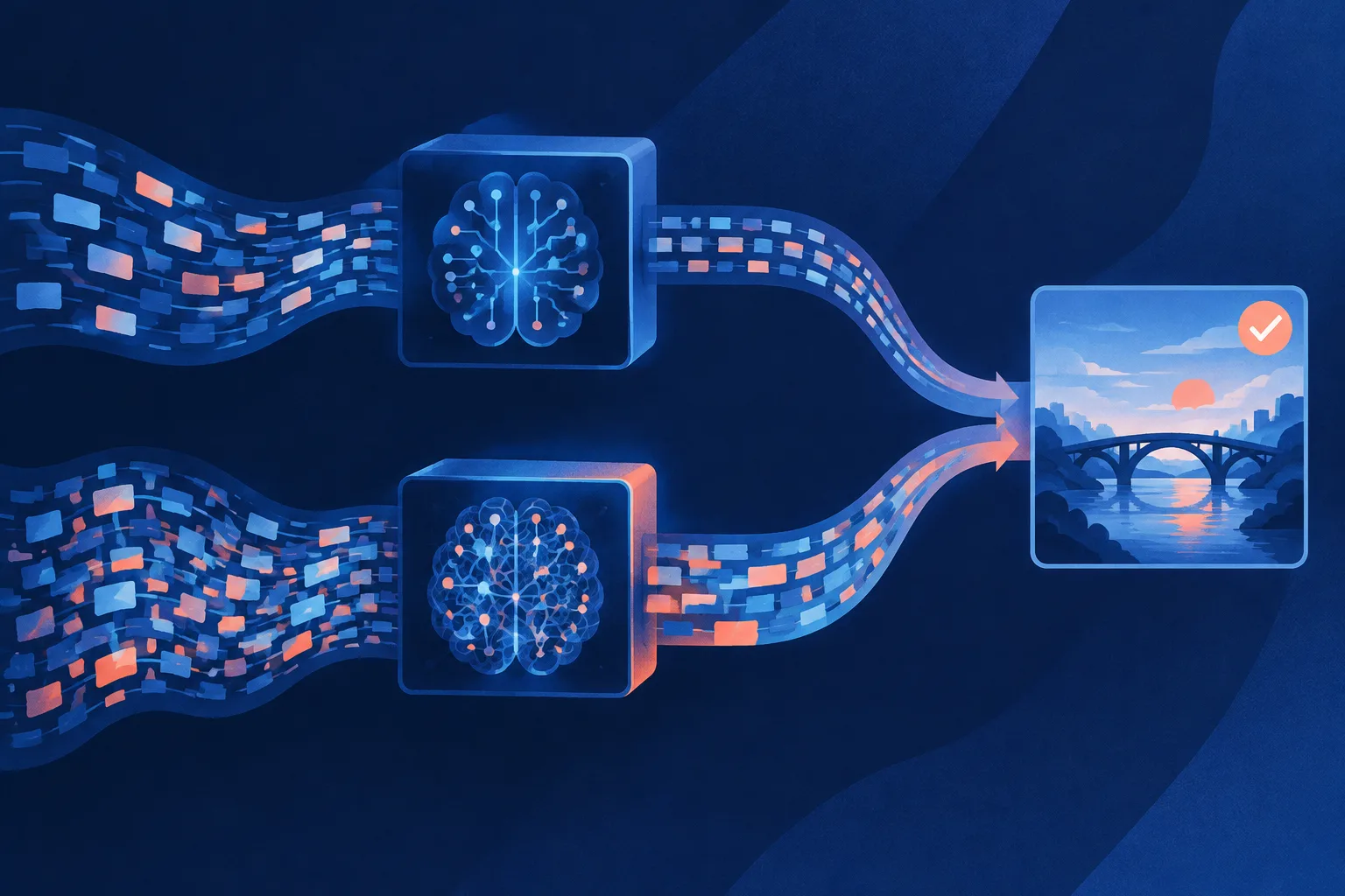 Different token streams pass through AI engines toward the same completed task.