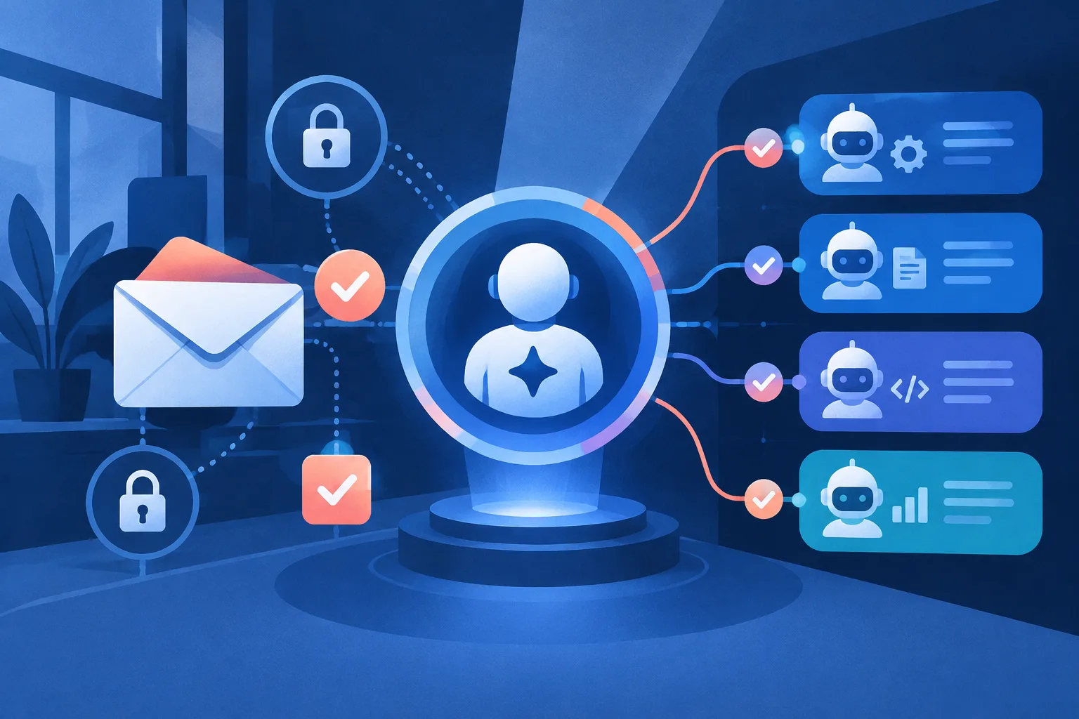 A digital coworker badge and email envelope sit inside permission gates.