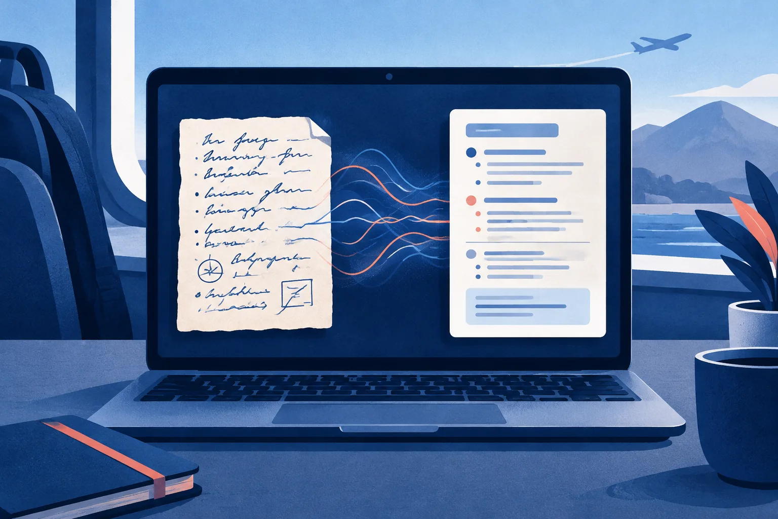 Abstract split workspace pairing shorthand notes with an AI-organized meeting record.