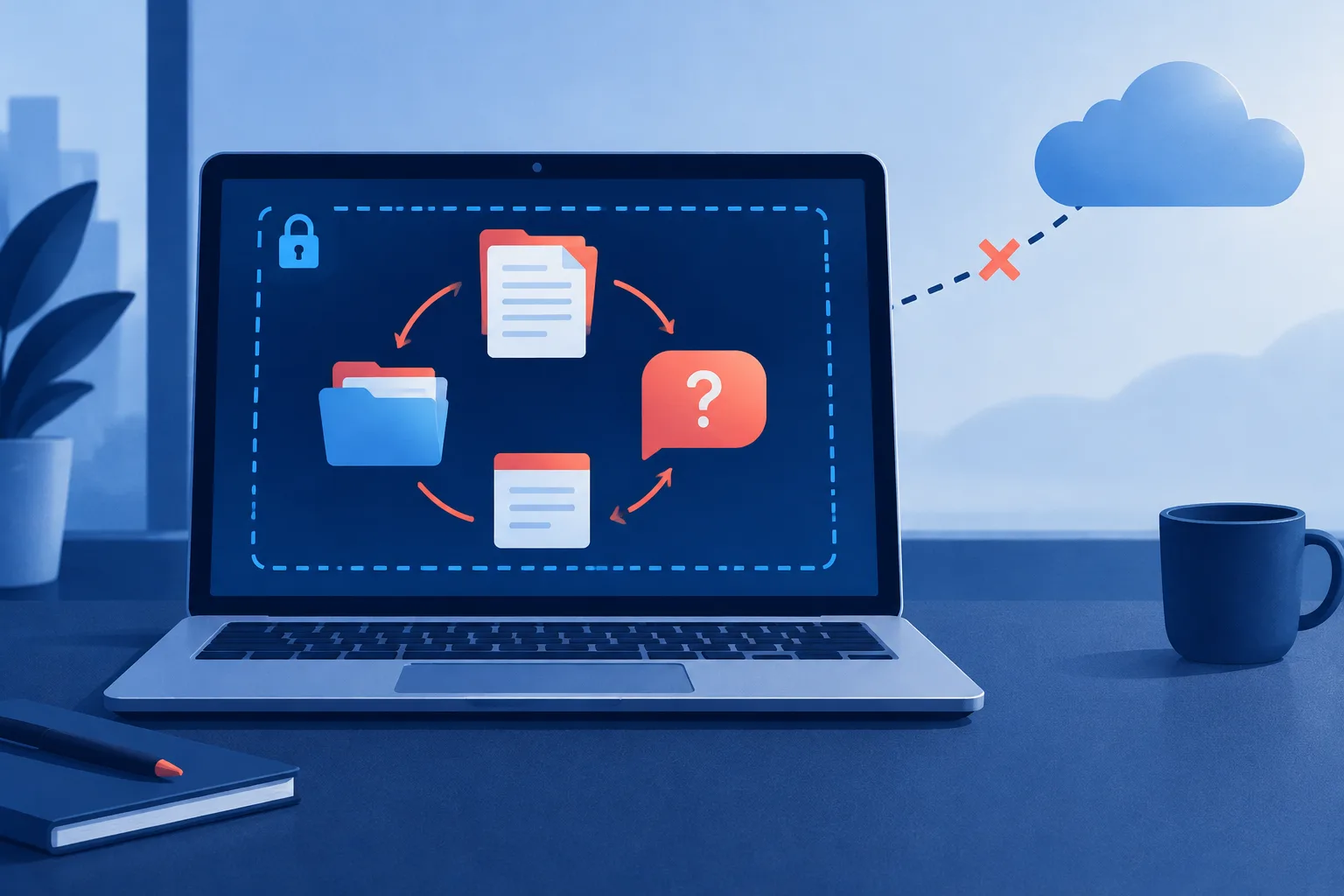 Documents, notes and a question bubble remain within a computer while the cloud stays disconnected.