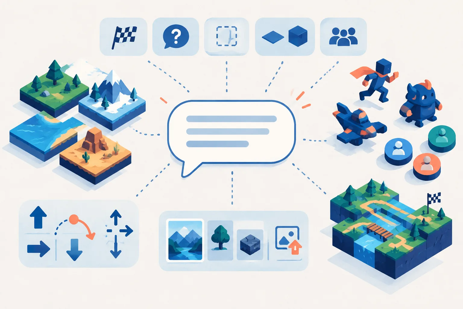 Game mechanics and art elements assemble around a conversational prompt.