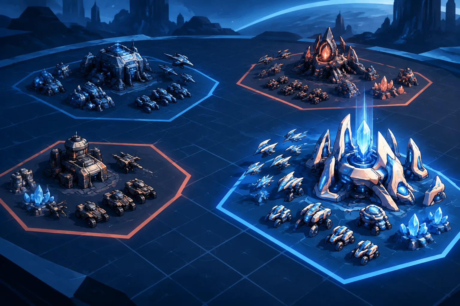 AI-built and human-built strategy pieces compete on an abstract arena.