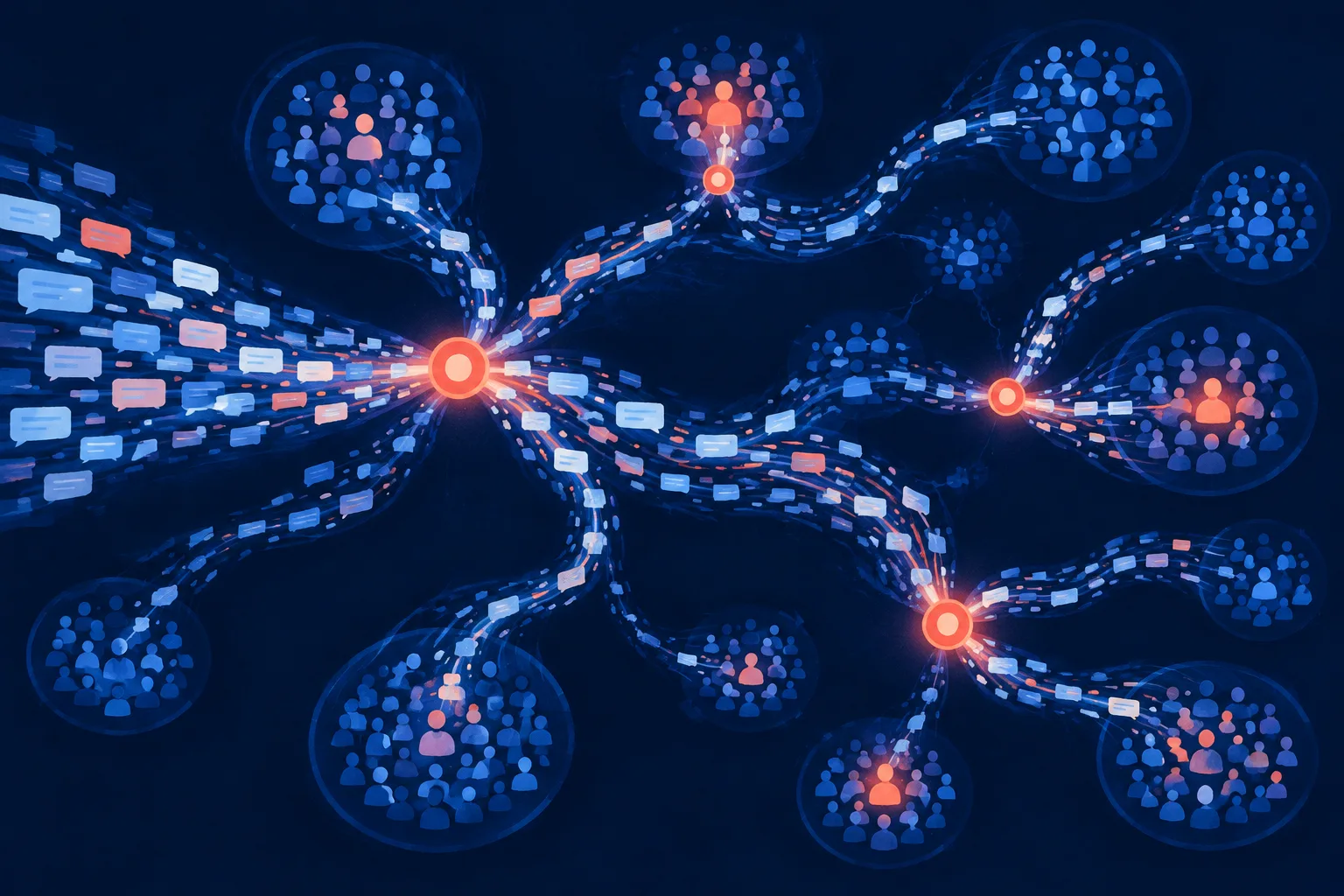 Message fragments spreading through an abstract network of online communities.