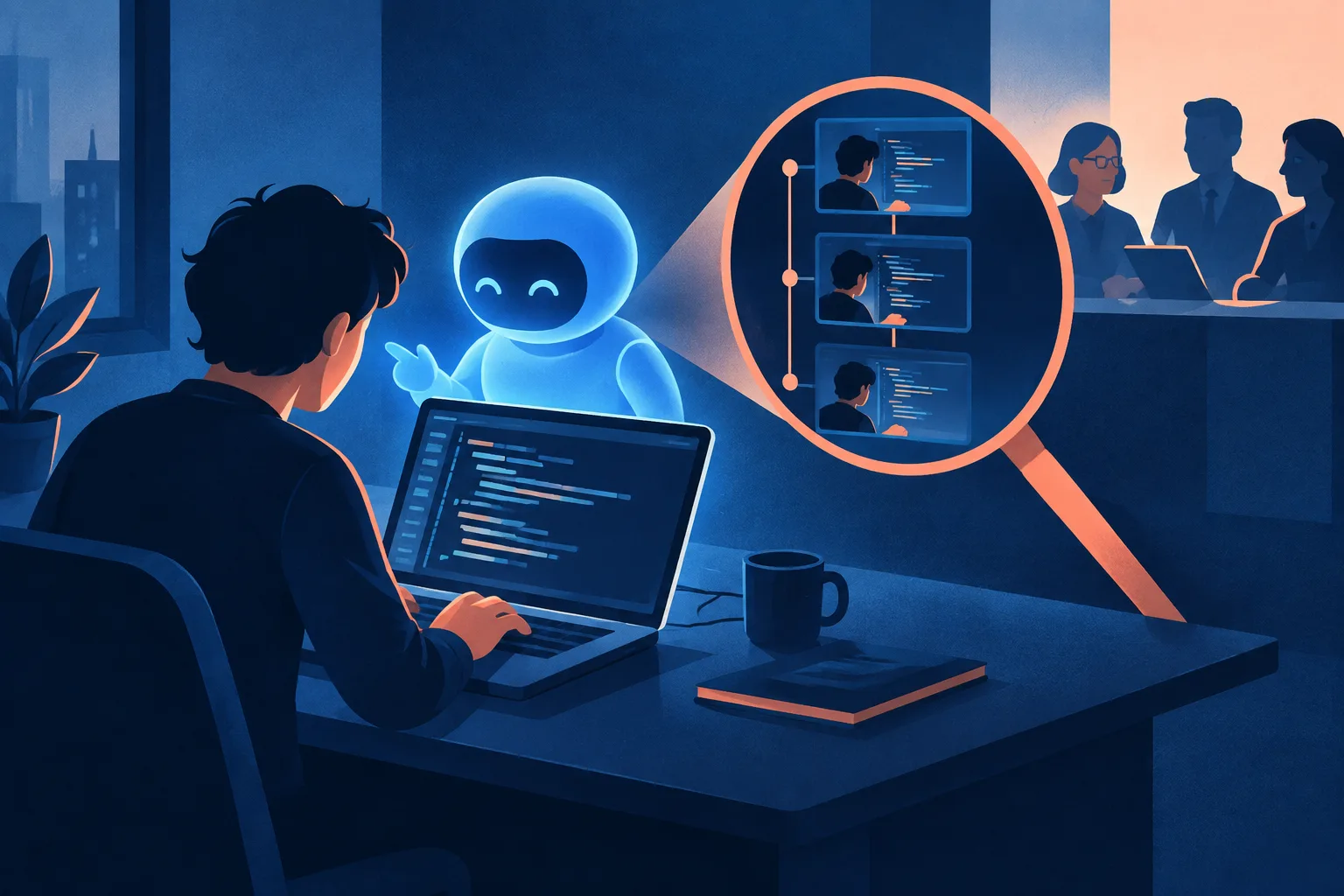 An anonymous candidate works with an AI companion while an evaluation lens observes the process.