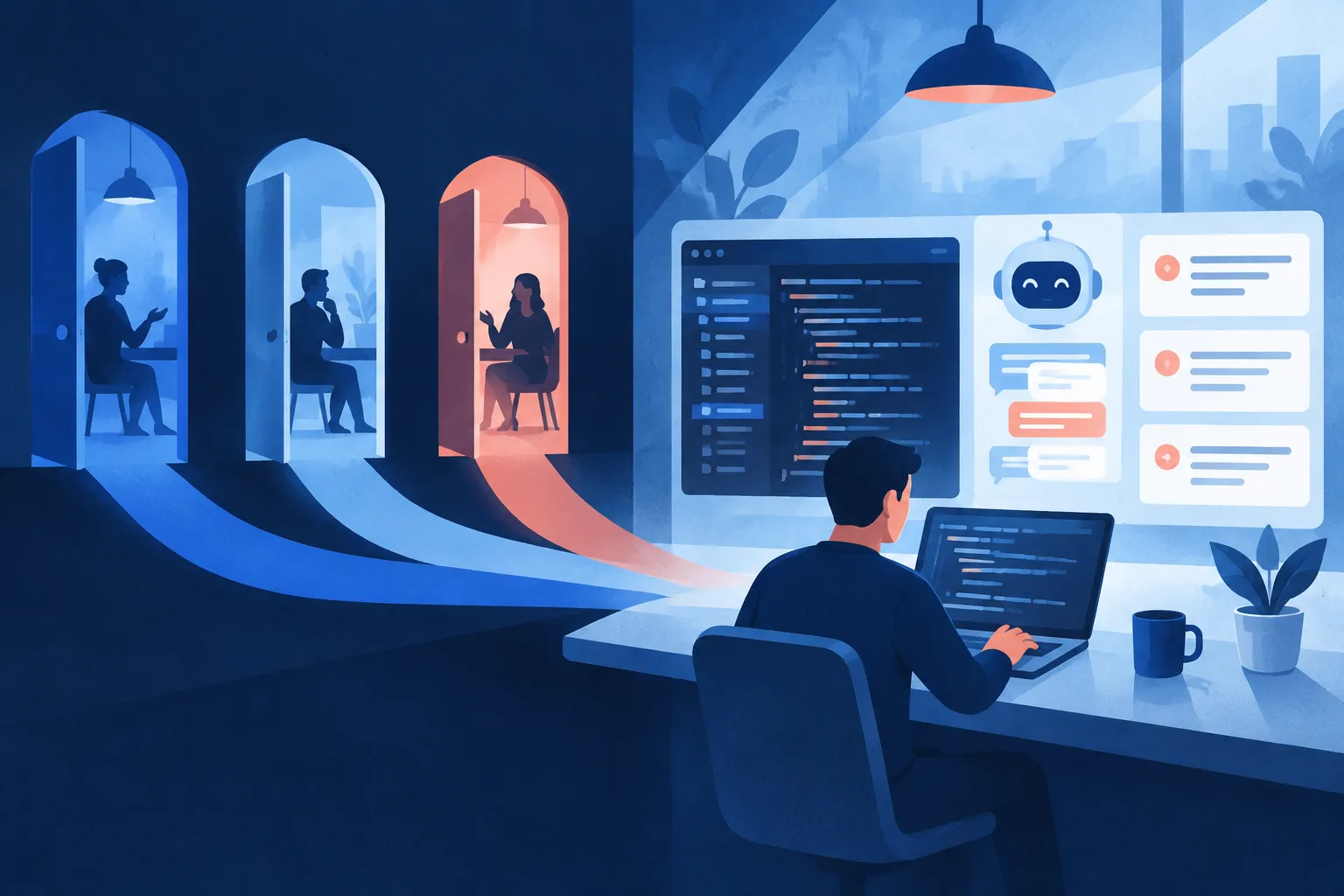 Three interview stages merge into one AI-assisted technical workspace.