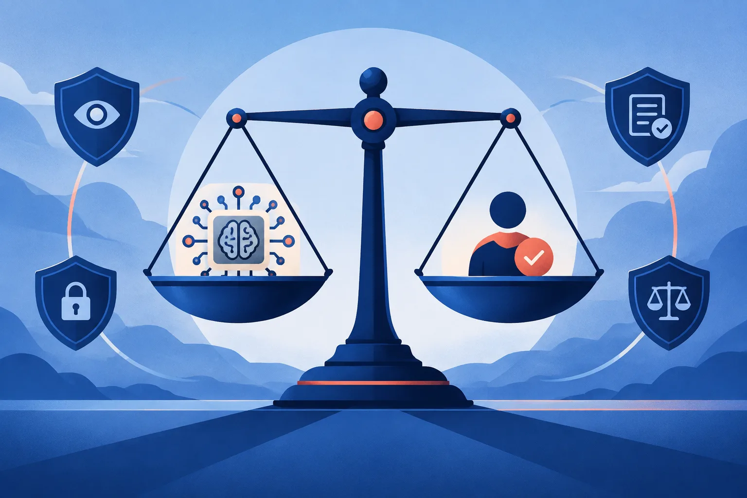 A hiring scale balances an algorithmic score with human judgment and audit safeguards.