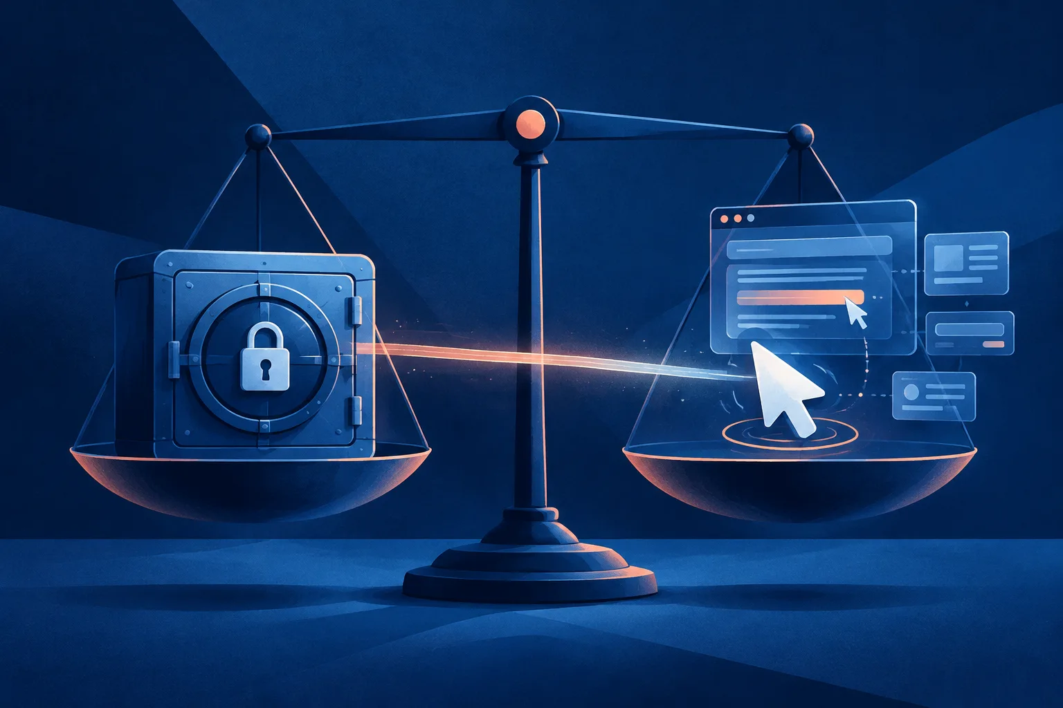 A locked data vault balances against an autonomous cursor completing digital tasks.