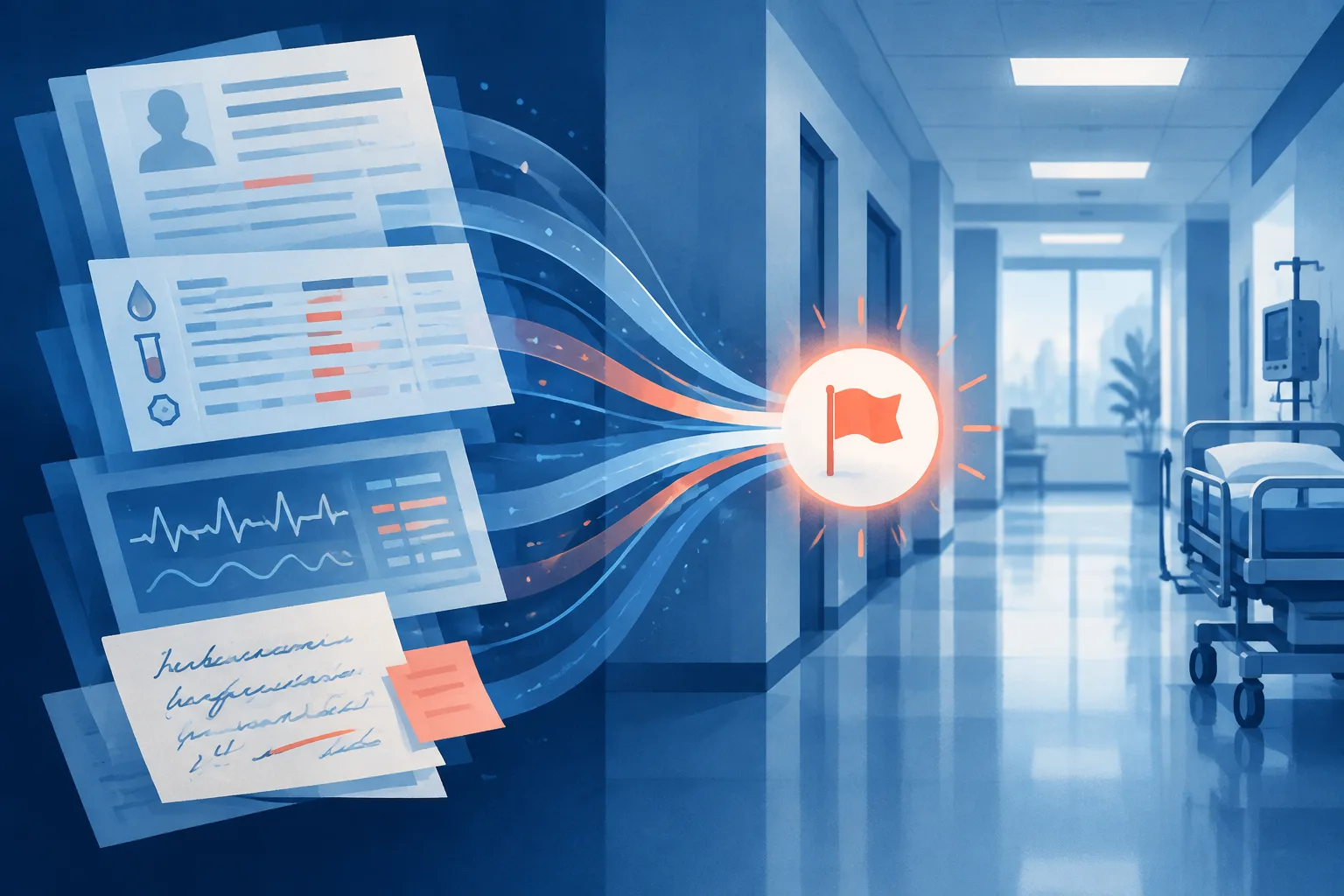 Hospital records and clinical signals converge into an illuminated review flag.