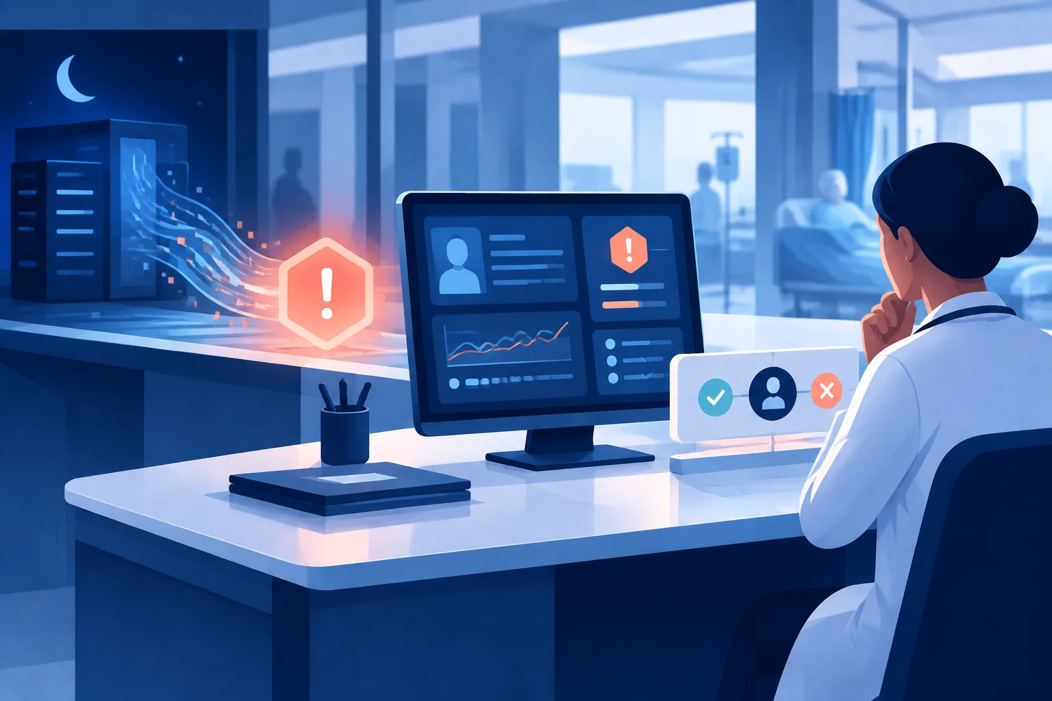 A digital risk marker reaches a review station before a human-controlled decision gate.