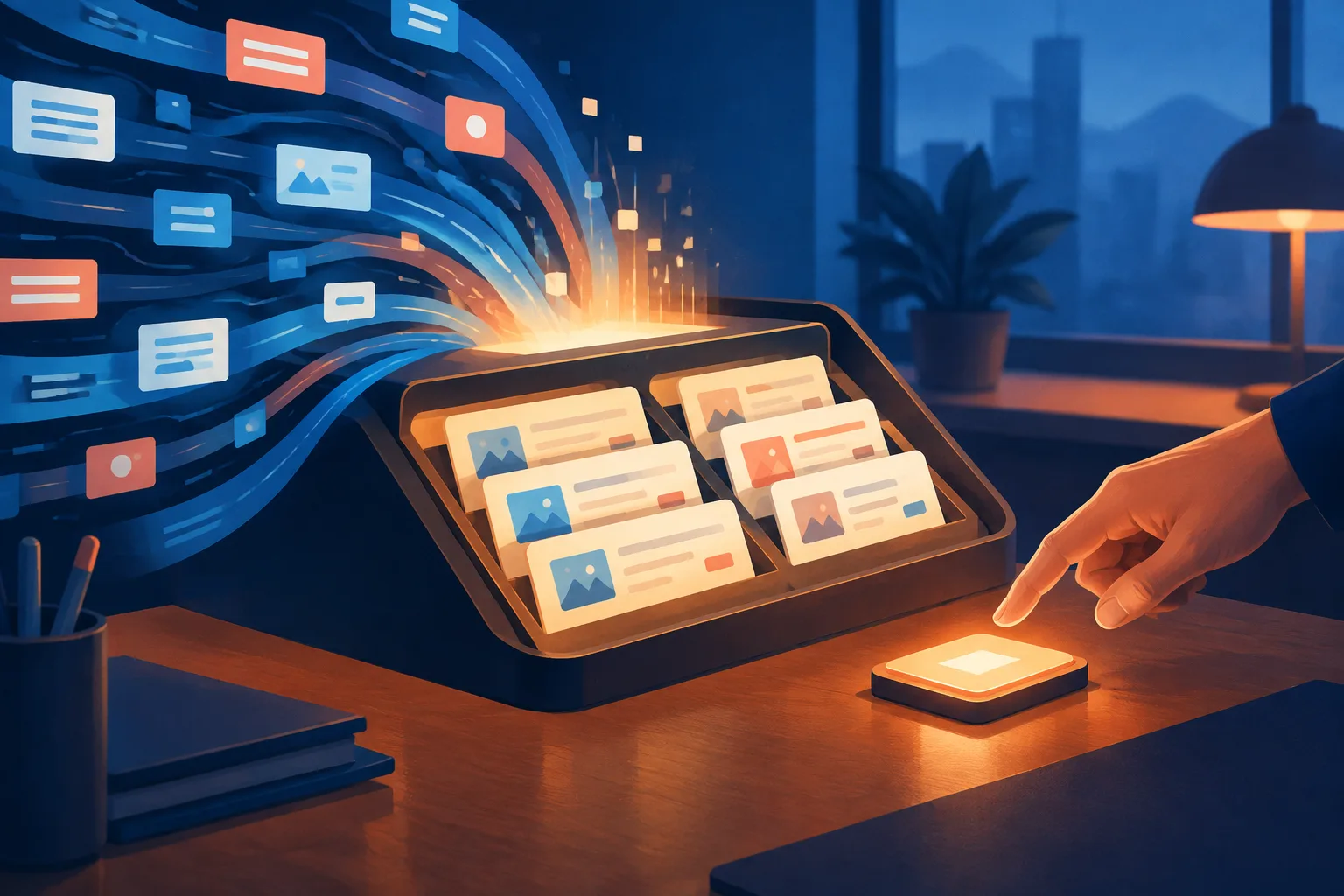 Abstract news signals flow into sorted message cards while a human hand controls the final send key.