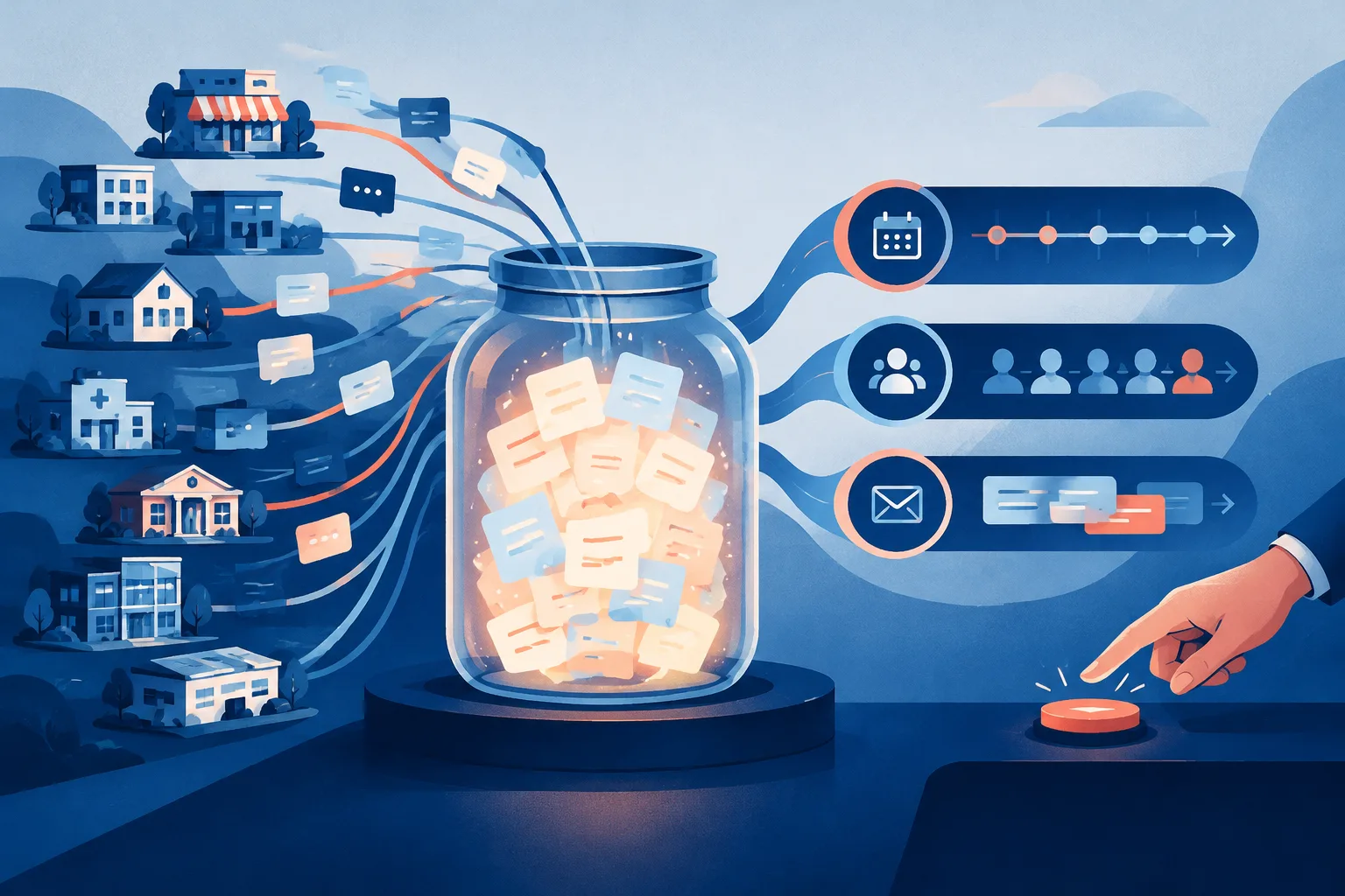 Organizations feed communications questions into an AI system that organizes audience, timing, and message paths.