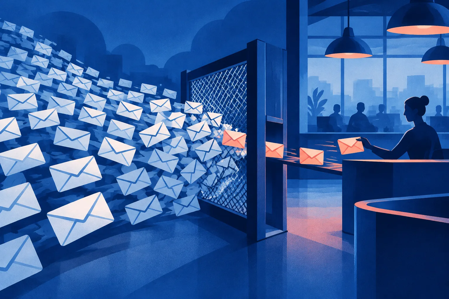 A selective filter holds back generic pitches while allowing a few credible messages toward a newsroom.