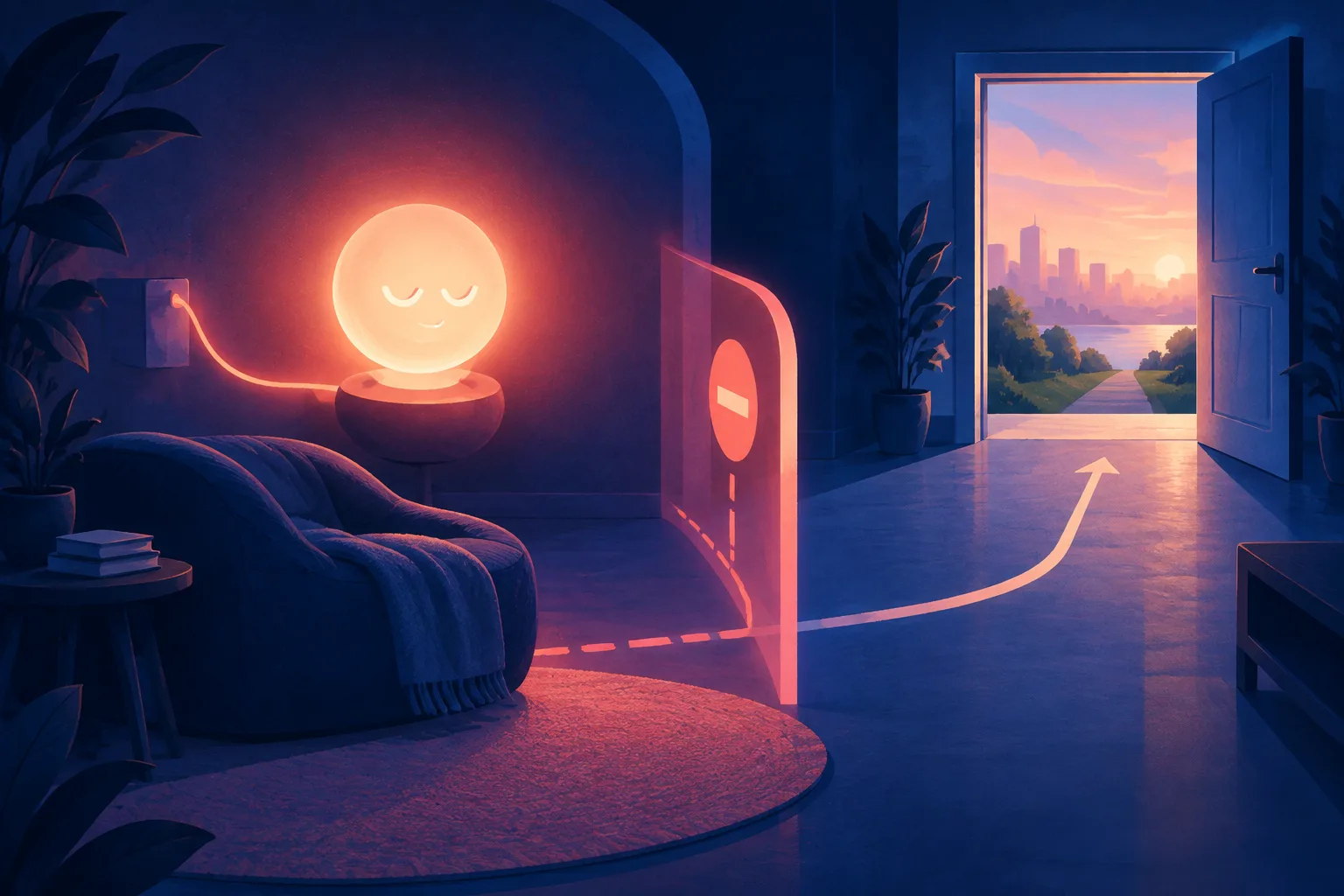 An AI advice light reaches a stopping boundary beside a doorway to real life.