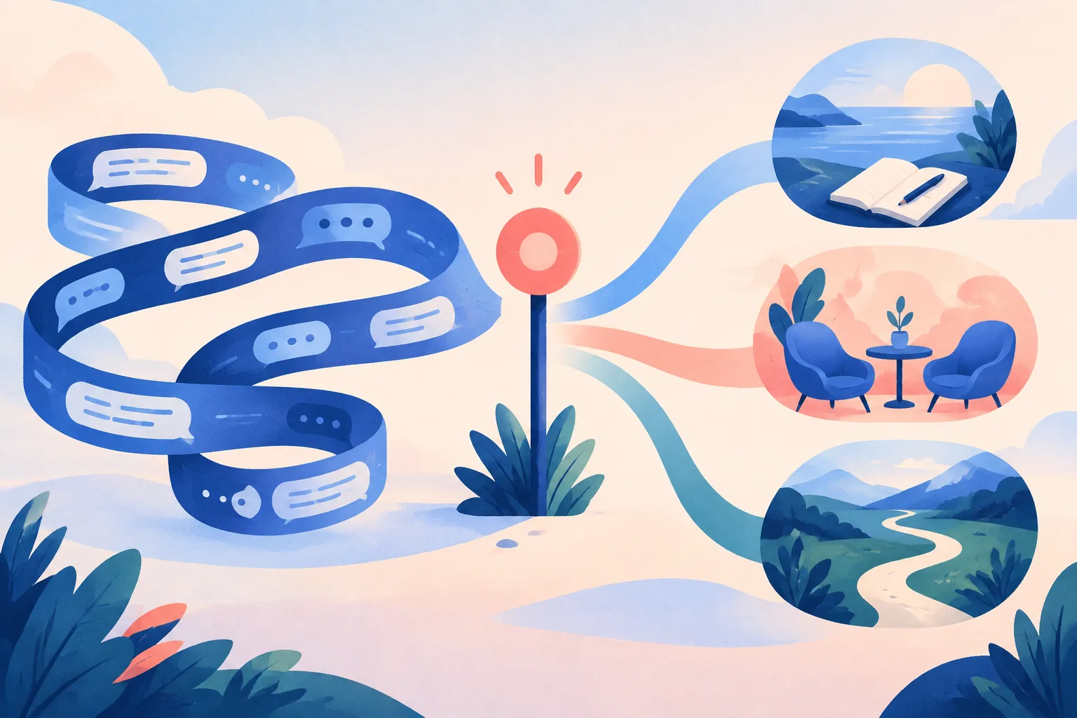 A conversation loop ends at a boundary and branches toward offline action.