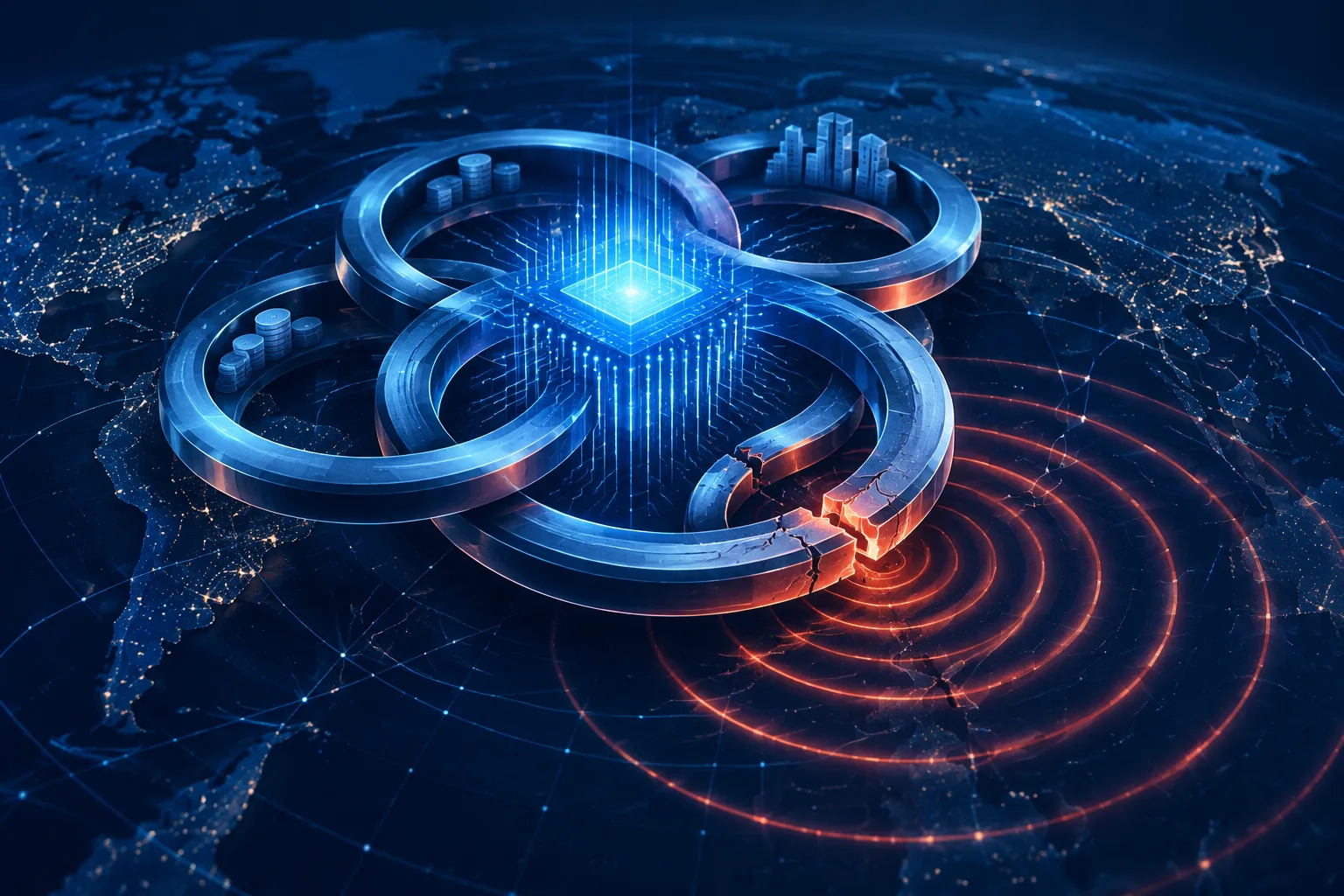 A glowing AI engine sits inside financial rings as a crack sends ripples across a global grid.