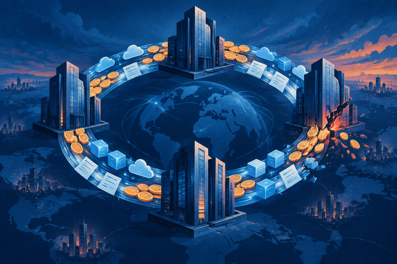 Corporate towers exchange money and computing resources in a strained closed loop.