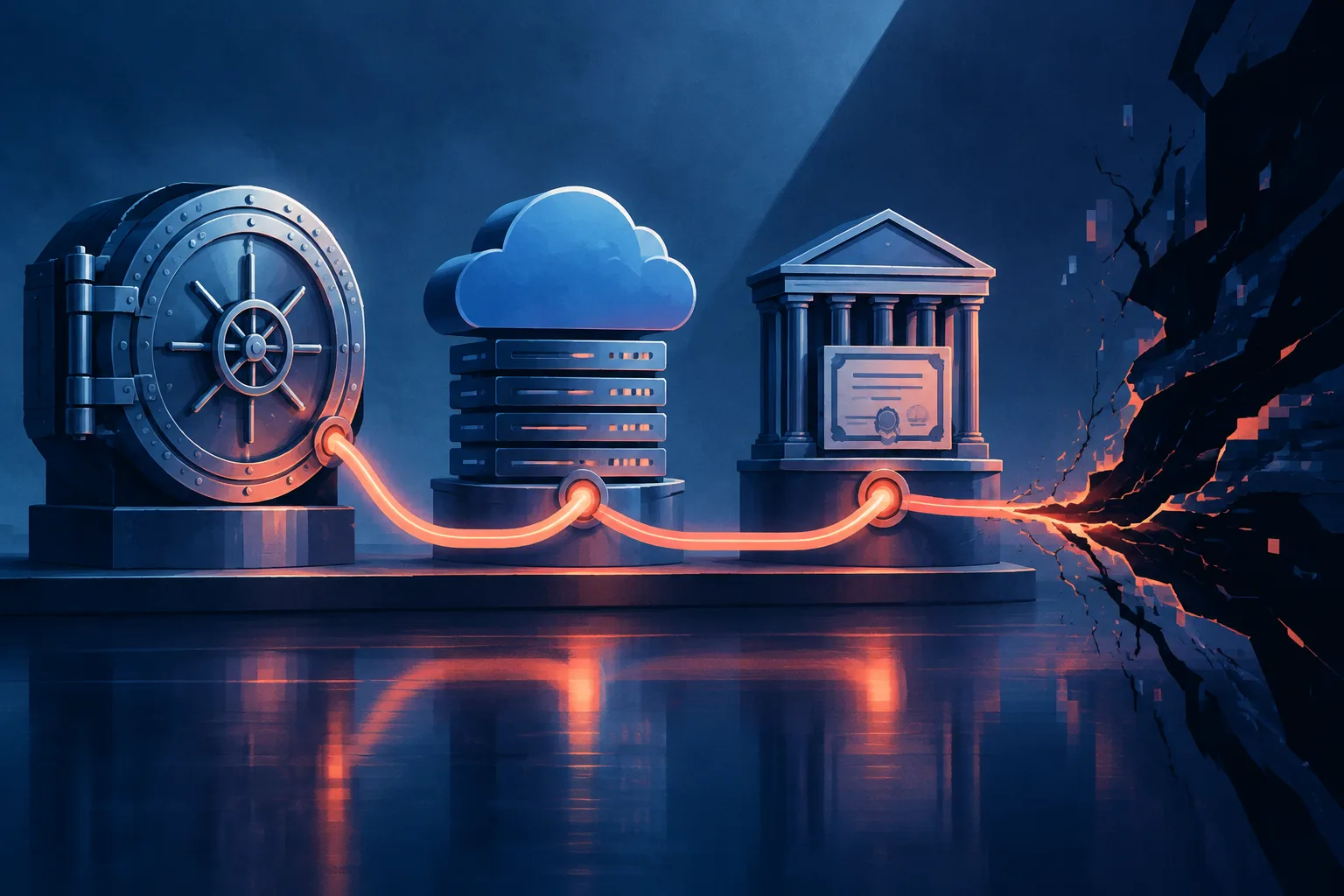 A bank vault, cloud server and bond pedestal share one cable threatened by a cyber fracture.