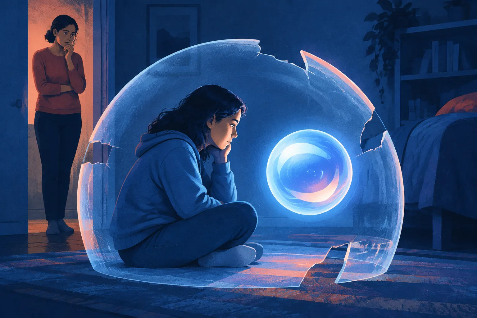 A teen faces a conversational AI behind a protective shield with visible gaps.