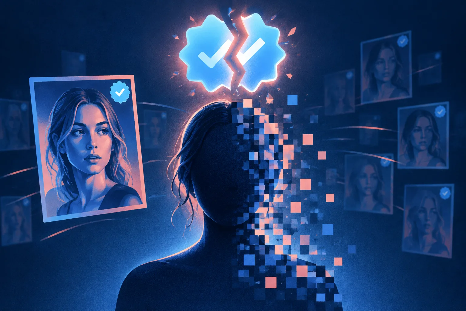 An anonymous portrait breaks into AI pixels beneath a cracked verification seal.