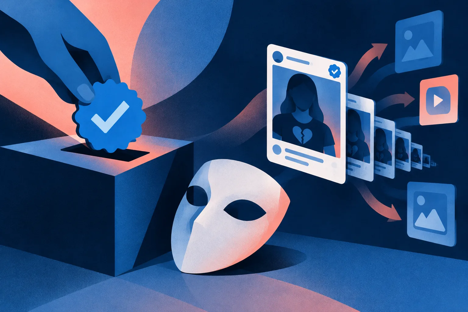 A paid authenticity token lands beside an anonymous fan-page mask.