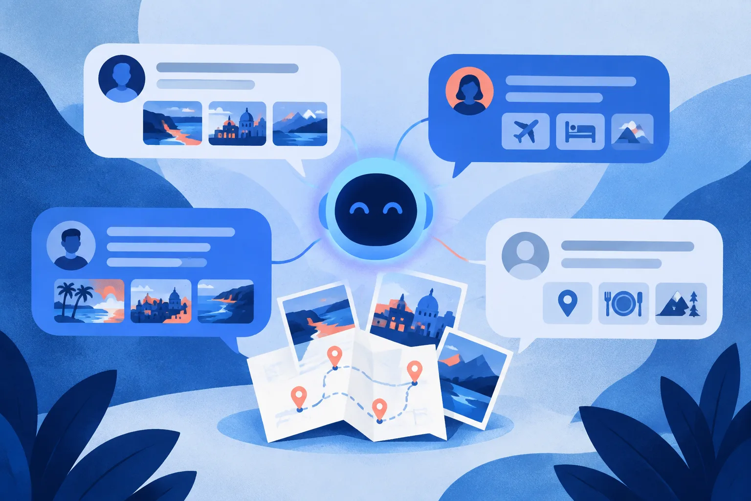 Account holders and a guest collaborate with an AI assistant on a shared itinerary.