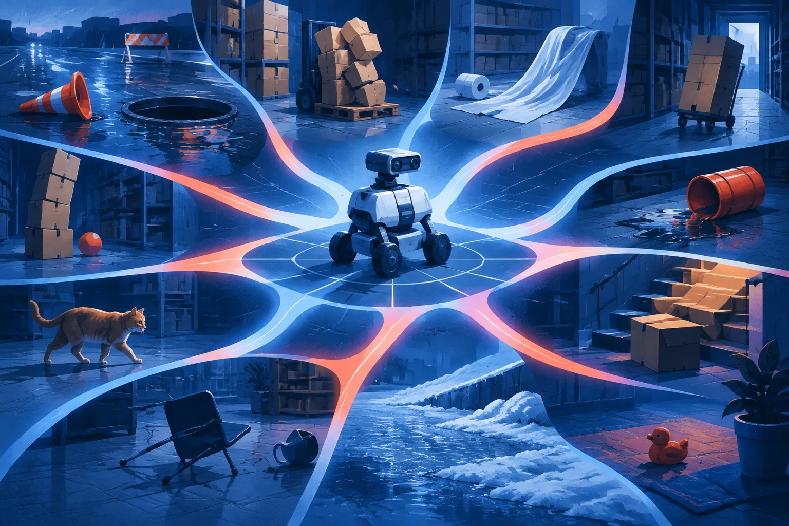 AI-generated edge cases branching around a robot under test.