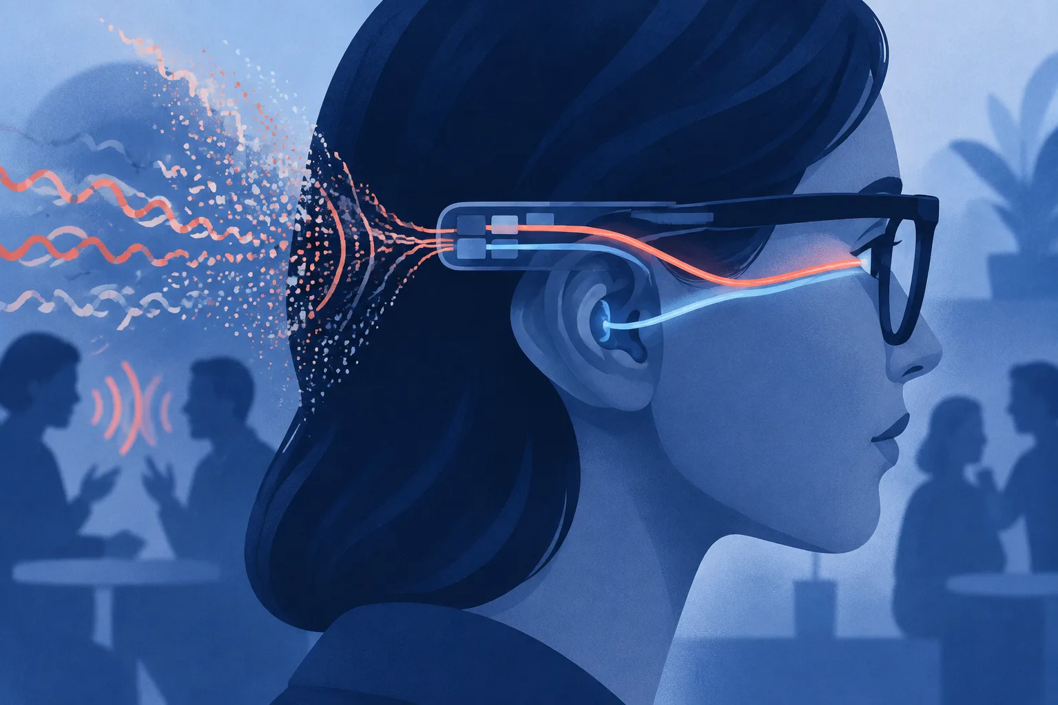 Illustration of open-ear glasses directing sound toward a wearer.