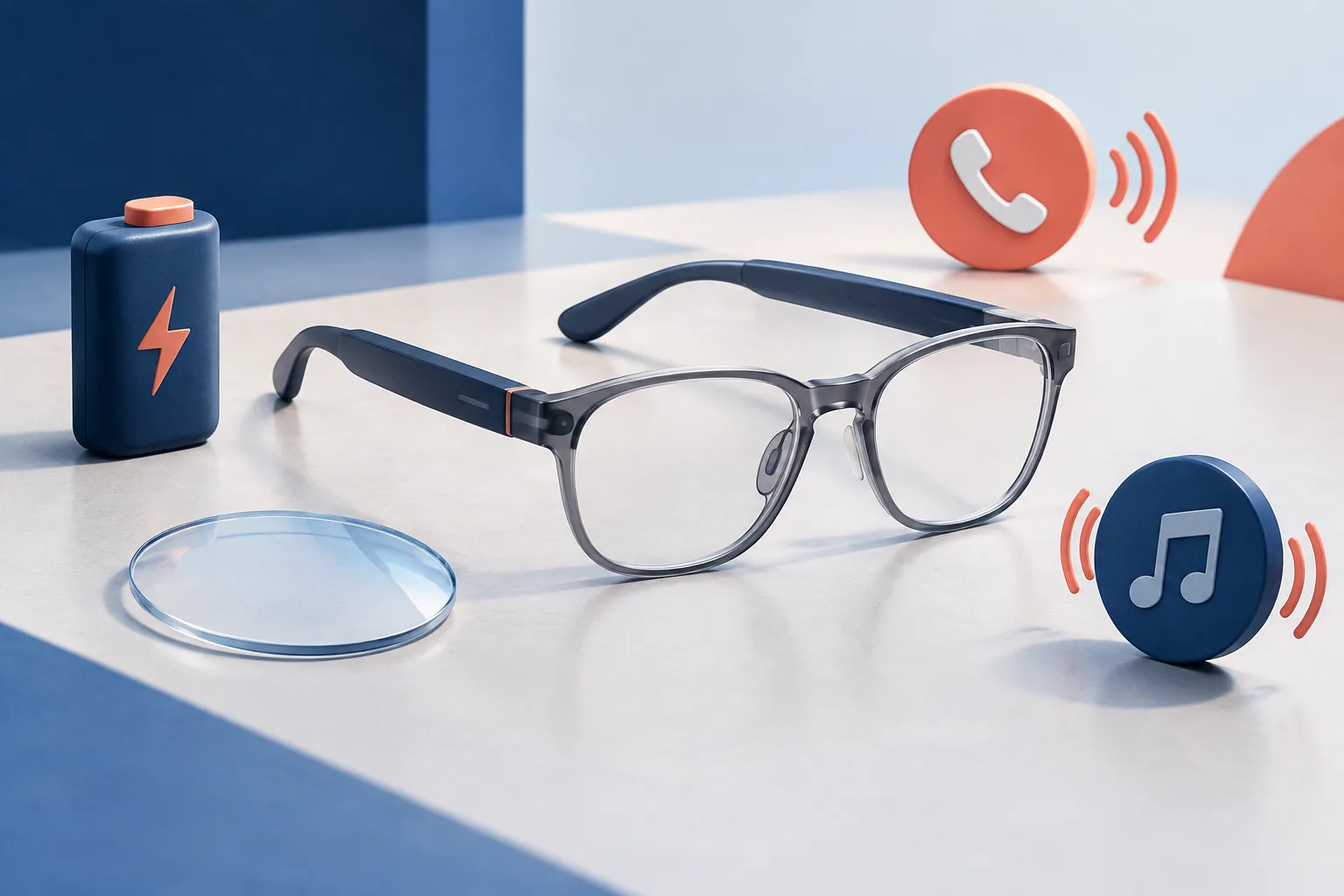 Illustration of hearing glasses with battery, lens, call, and music symbols.