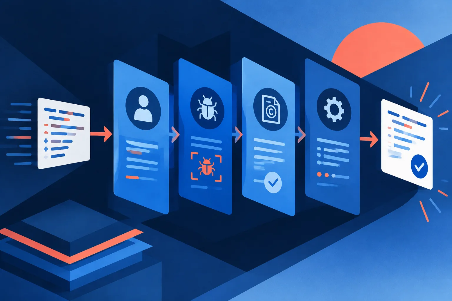 Code patch moving through abstract review, bug, licensing, and maintenance checks.