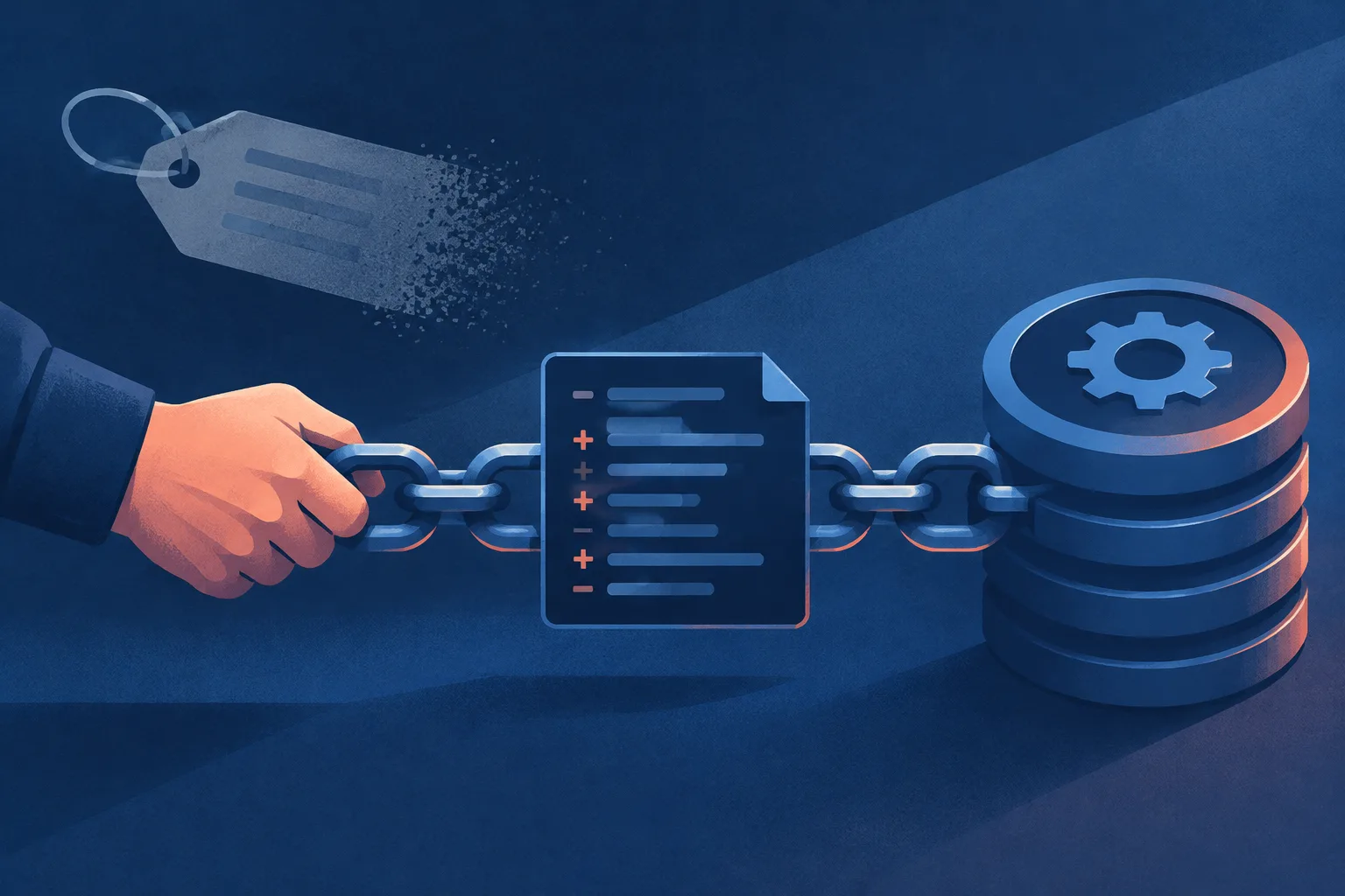 Fading disclosure tag beside a chain connecting a developer, code patch, and system core.