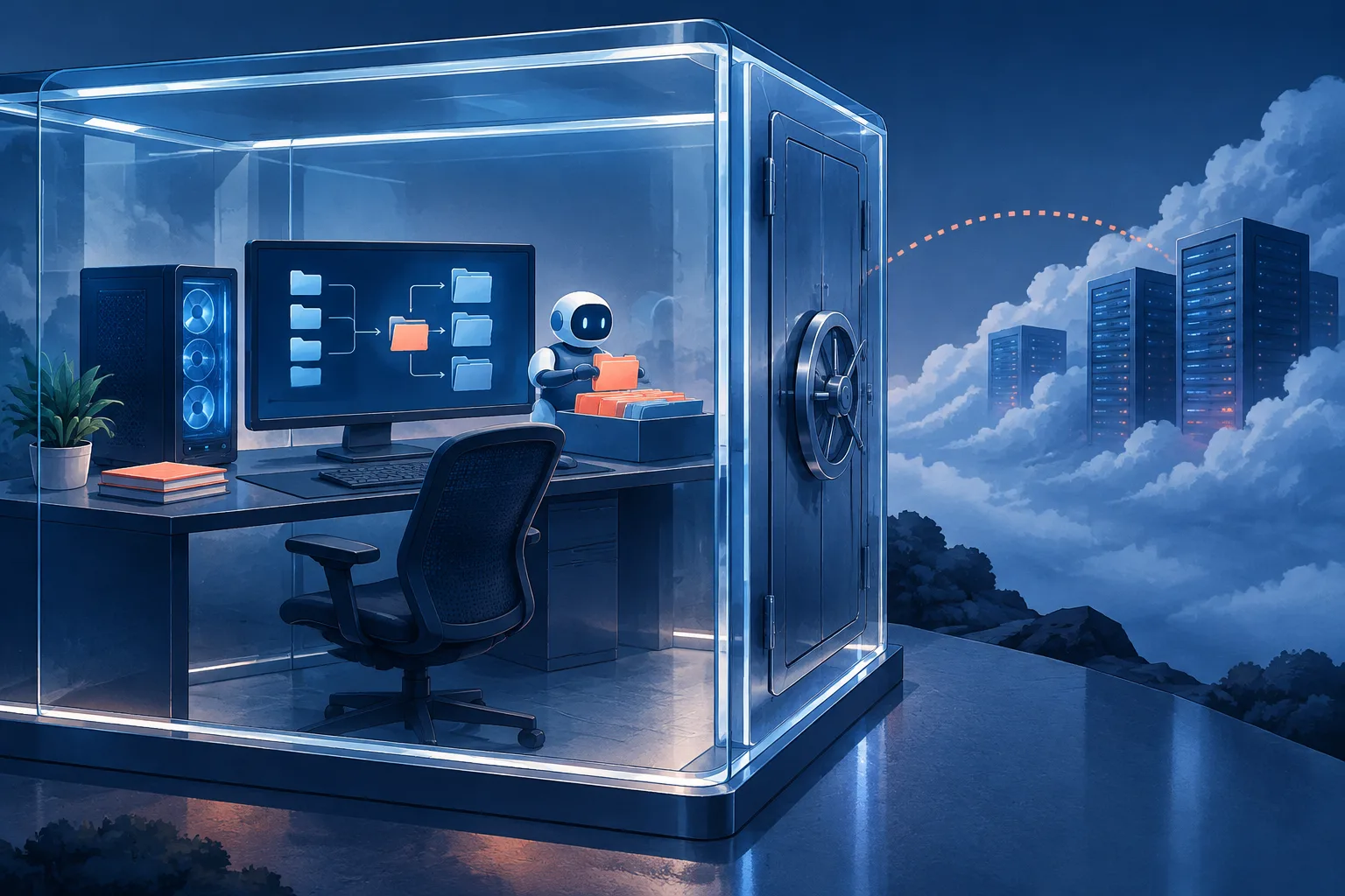 A local AI agent sorts private files inside a transparent vault around a powerful desktop computer.
