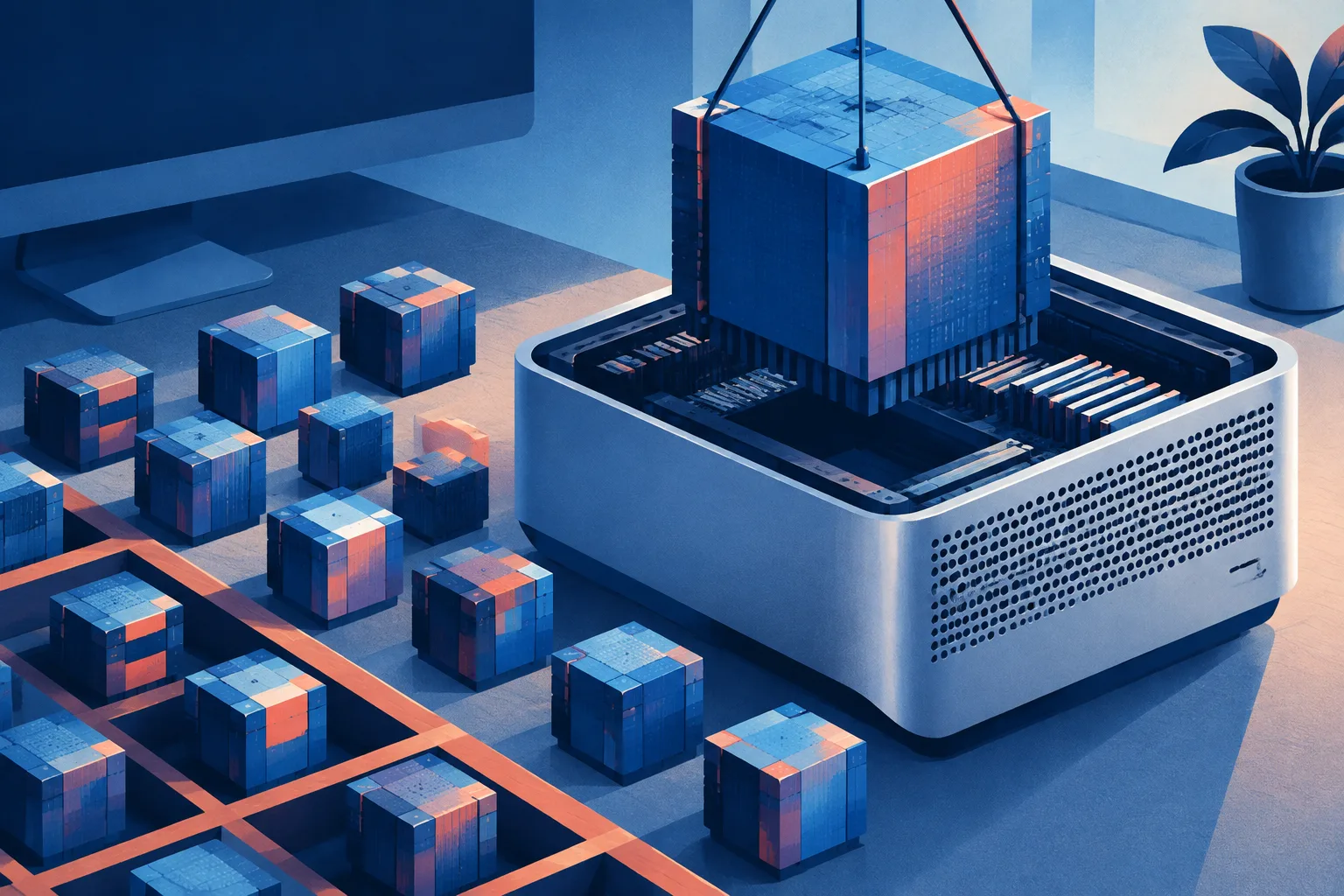 A massive AI model block is fitted into a high-memory desktop among many competing model choices.