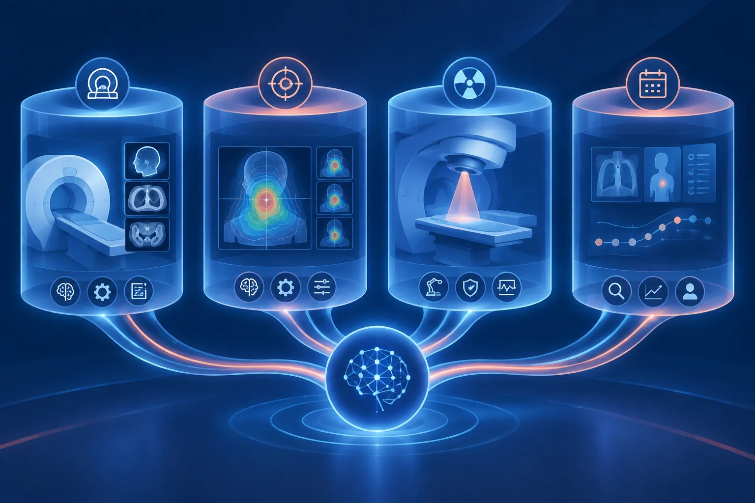 Illustrated four-stage radiotherapy pathway connected through a central AI coordination hub.
