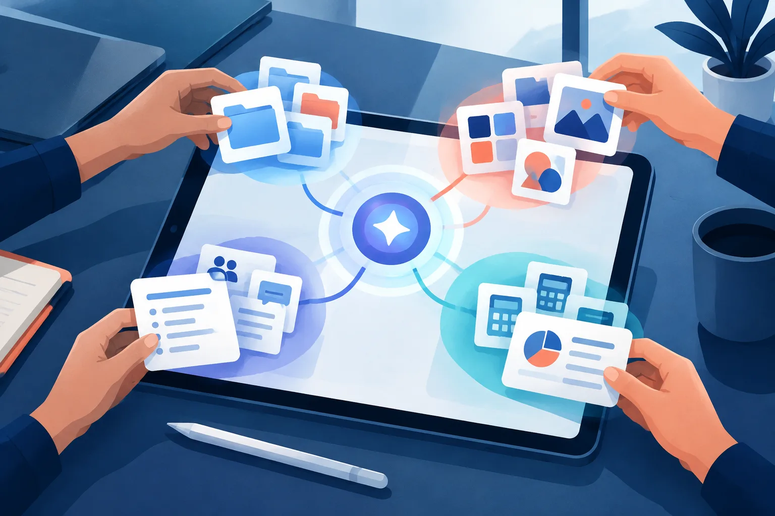 Generic work files and project cards flow through a connected AI agent hub.