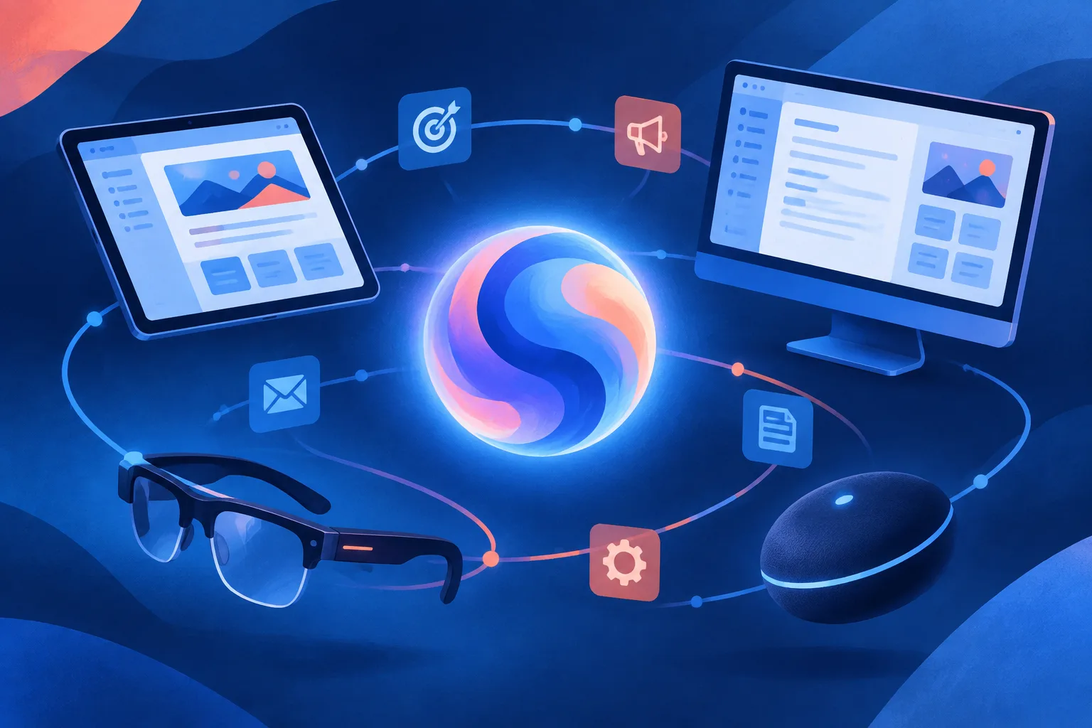 Several device types orbit a shared abstract AI agent core.