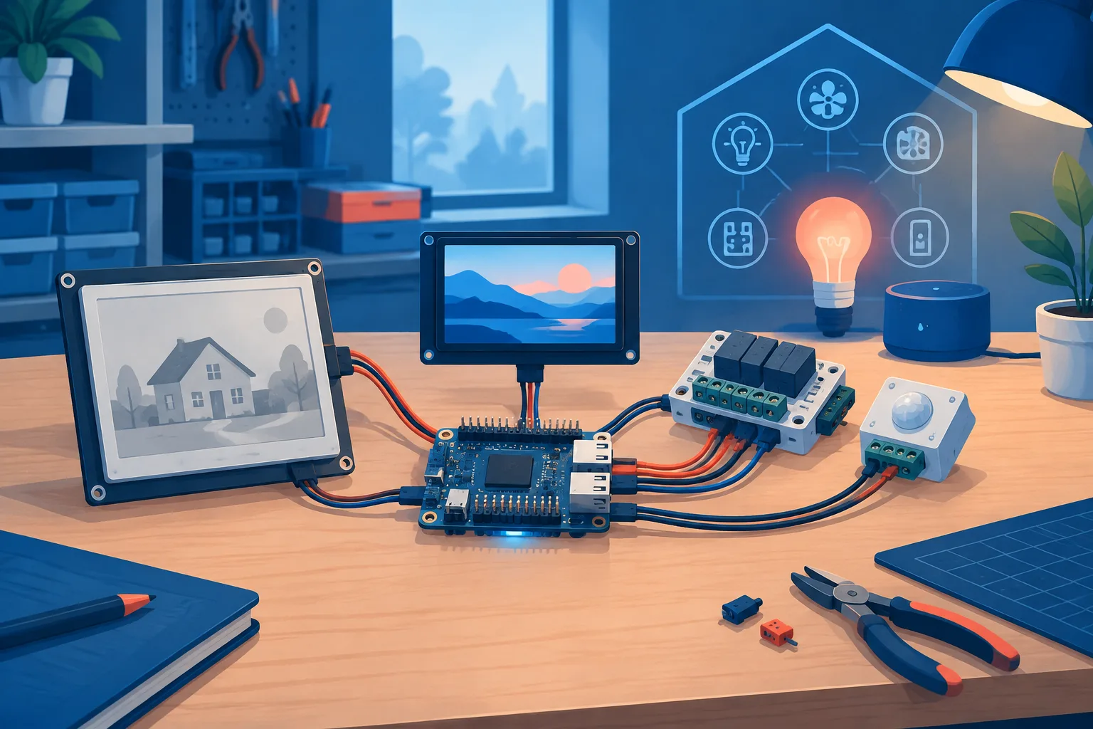 Editorial illustration of a DIY AI gadget connected to several display formats.