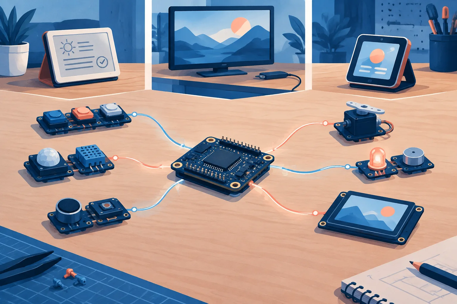 Illustration of a development board connected to sensors, buttons, and displays.