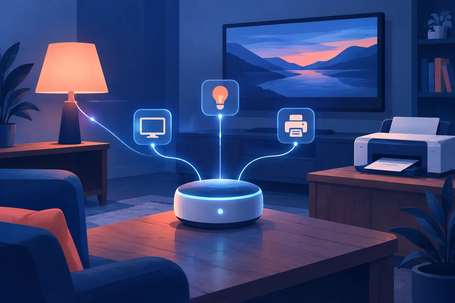 Illustration of a compact AI hub controlling several household devices.